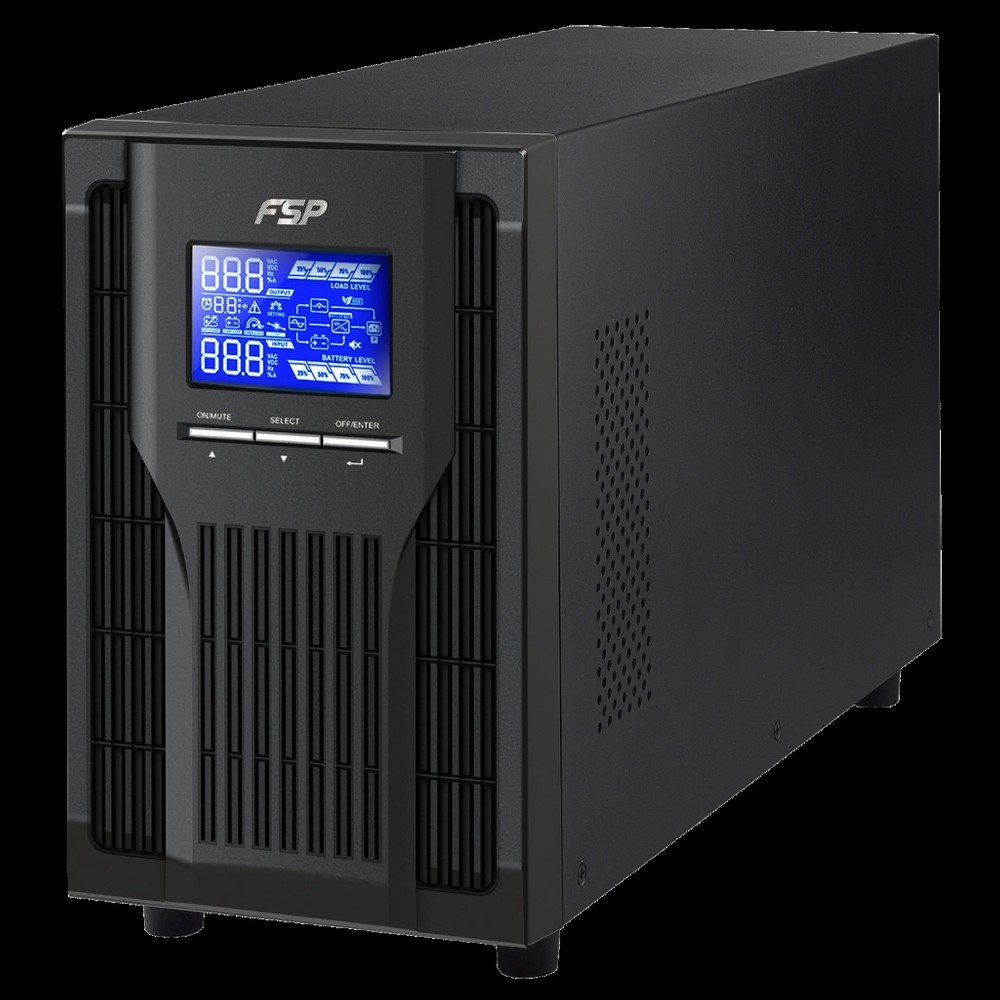 Ön panelinde mavi LCD ekran ve üç düğme bulunan siyah FSP UPS cihazı.