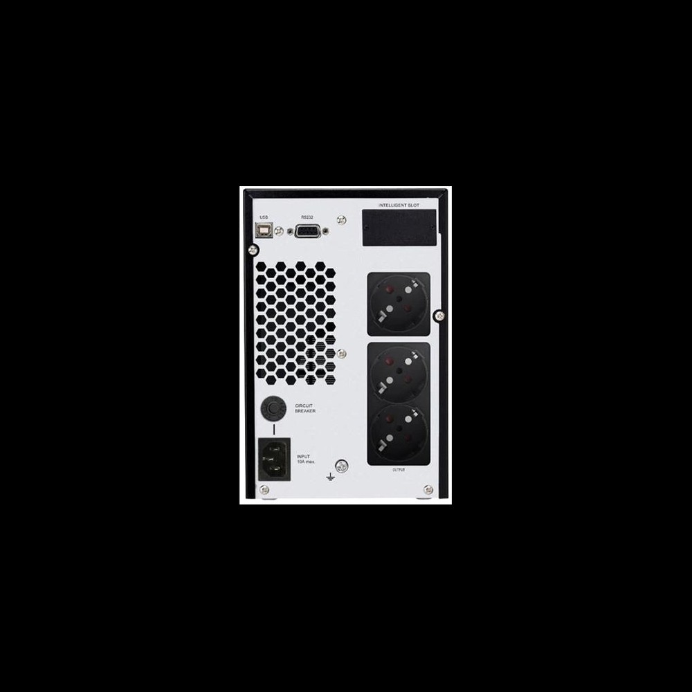 Açık renkli metal panel üzerinde prizler, bağlantı noktaları, havalandırma ızgarası olan UPS arka görünümü.