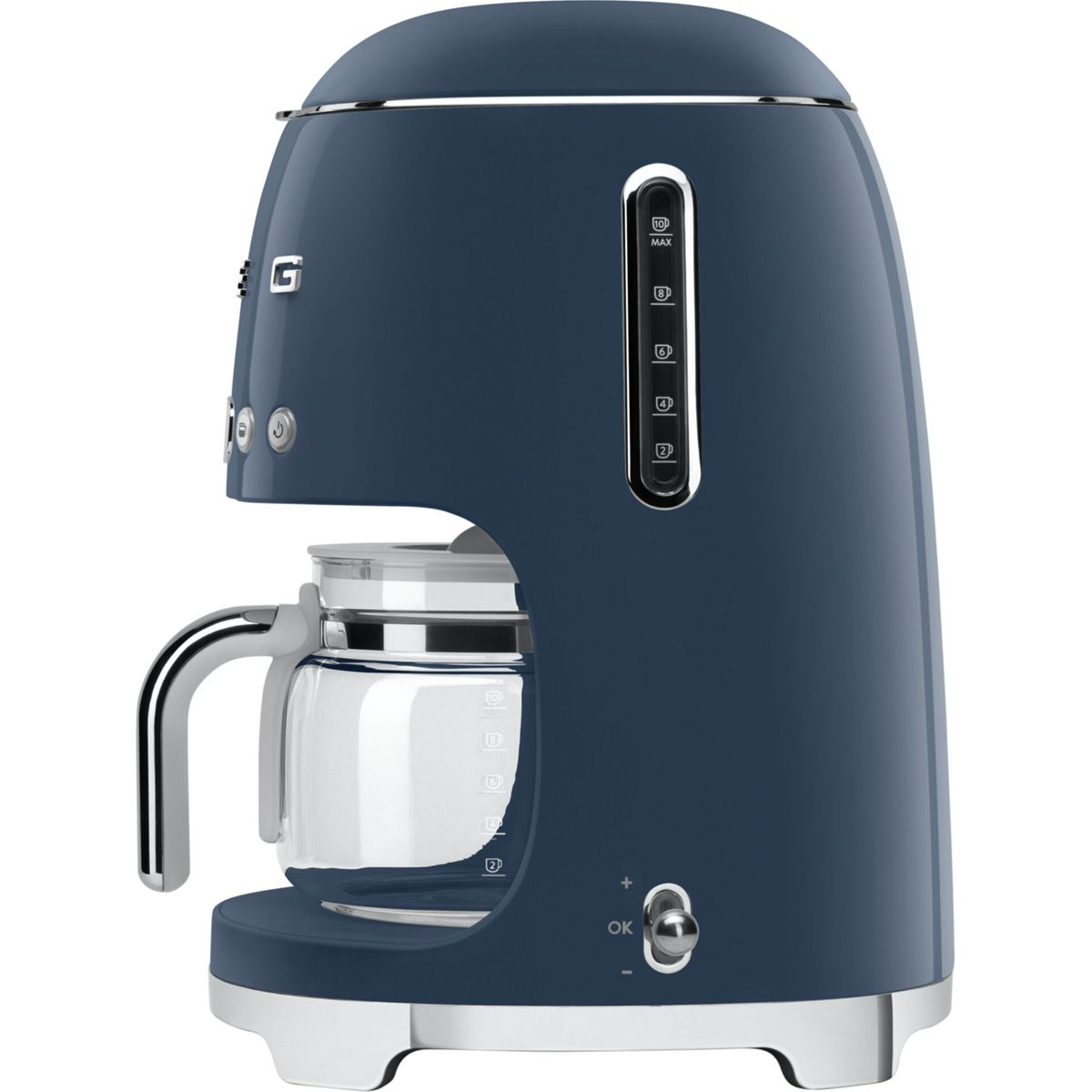Caffè americano Smeg blu con caraffa in vetro e dettagli argentati.