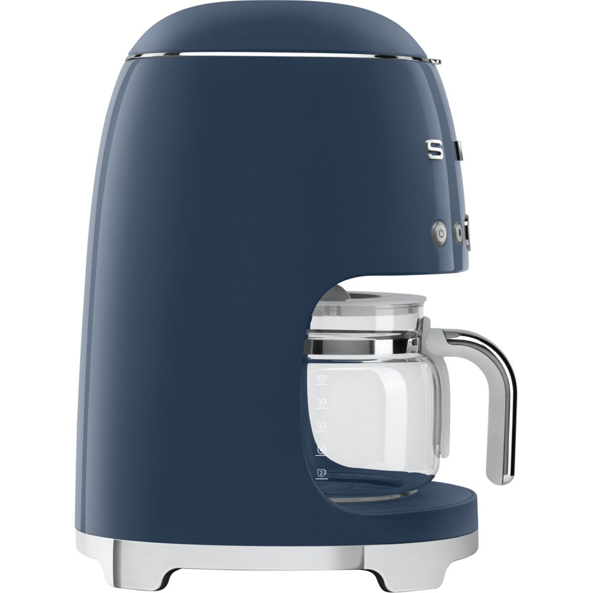 Una moderna macchina da caffè americana blu con caraffa in vetro e base argentata.