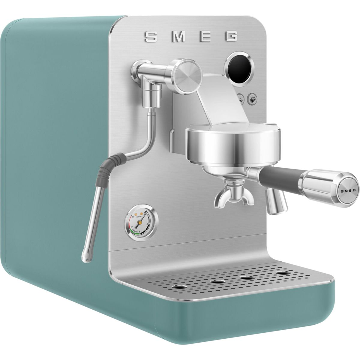 Una cafetera espresso Smeg azul pastel y acero inoxidable con portafiltro, vaporizador y manómetro.