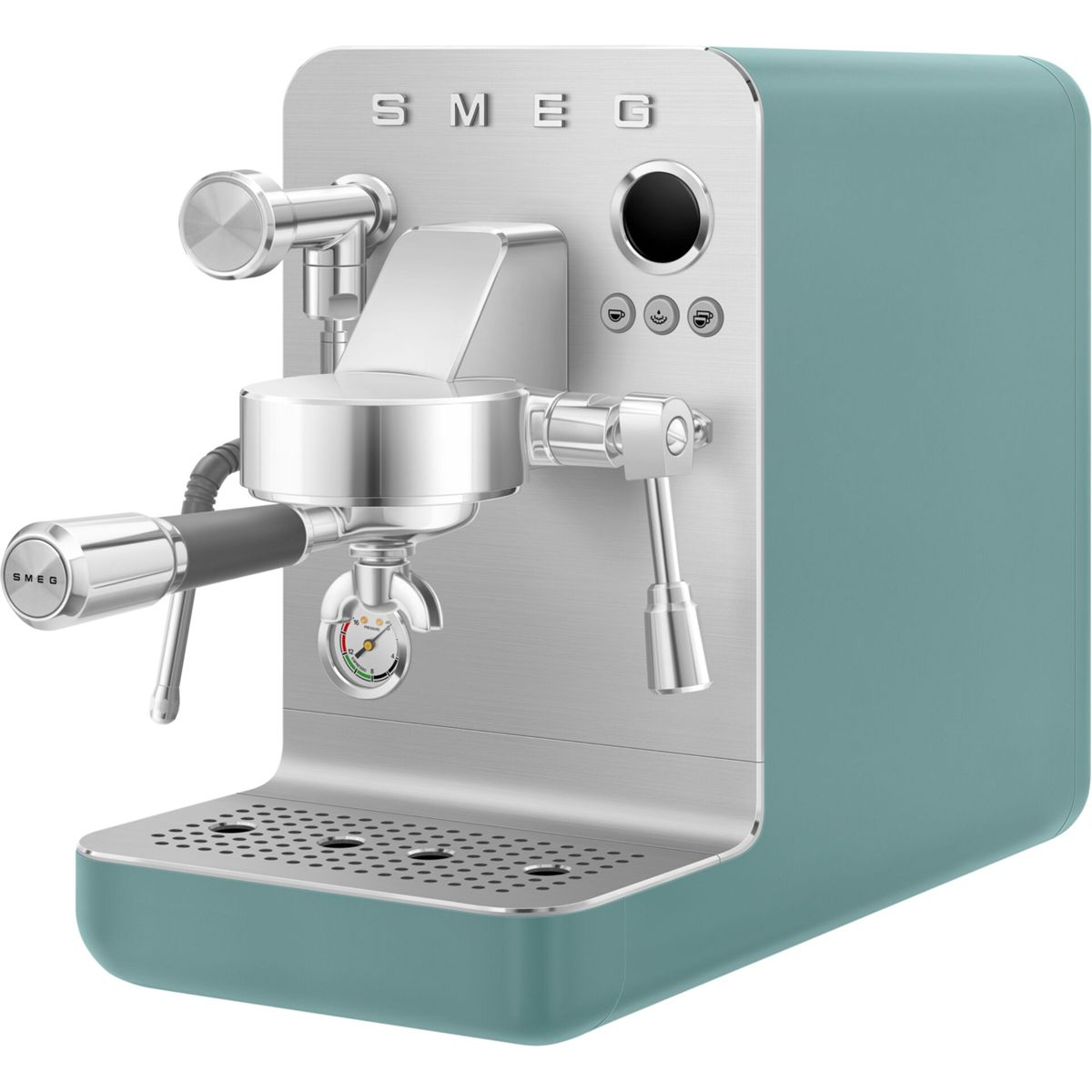 Cafetera espresso Smeg turquesa y plateada con detalles cromados y manómetro incorporado.