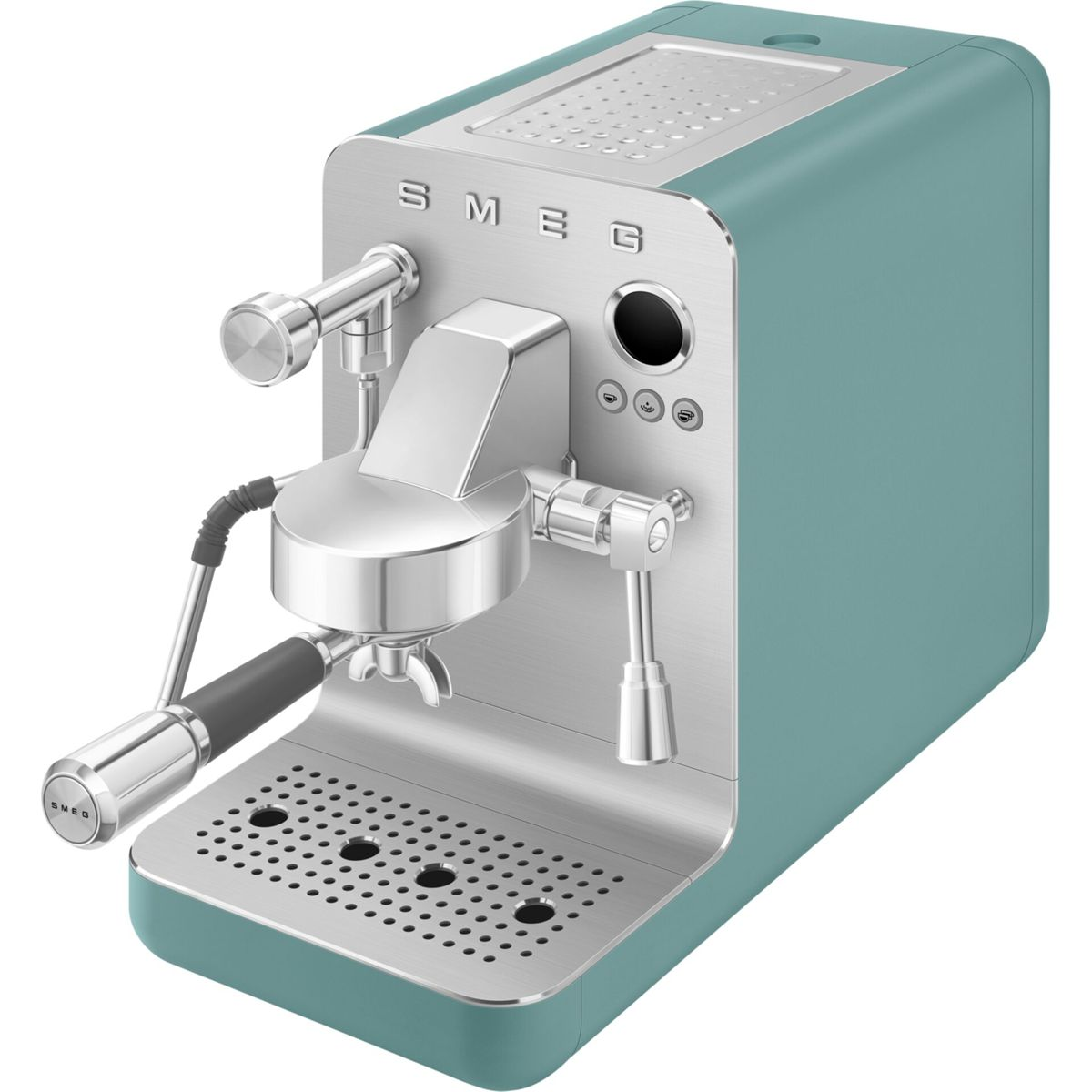 Una máquina de espresso Smeg de color azul verdoso con frente plateado.