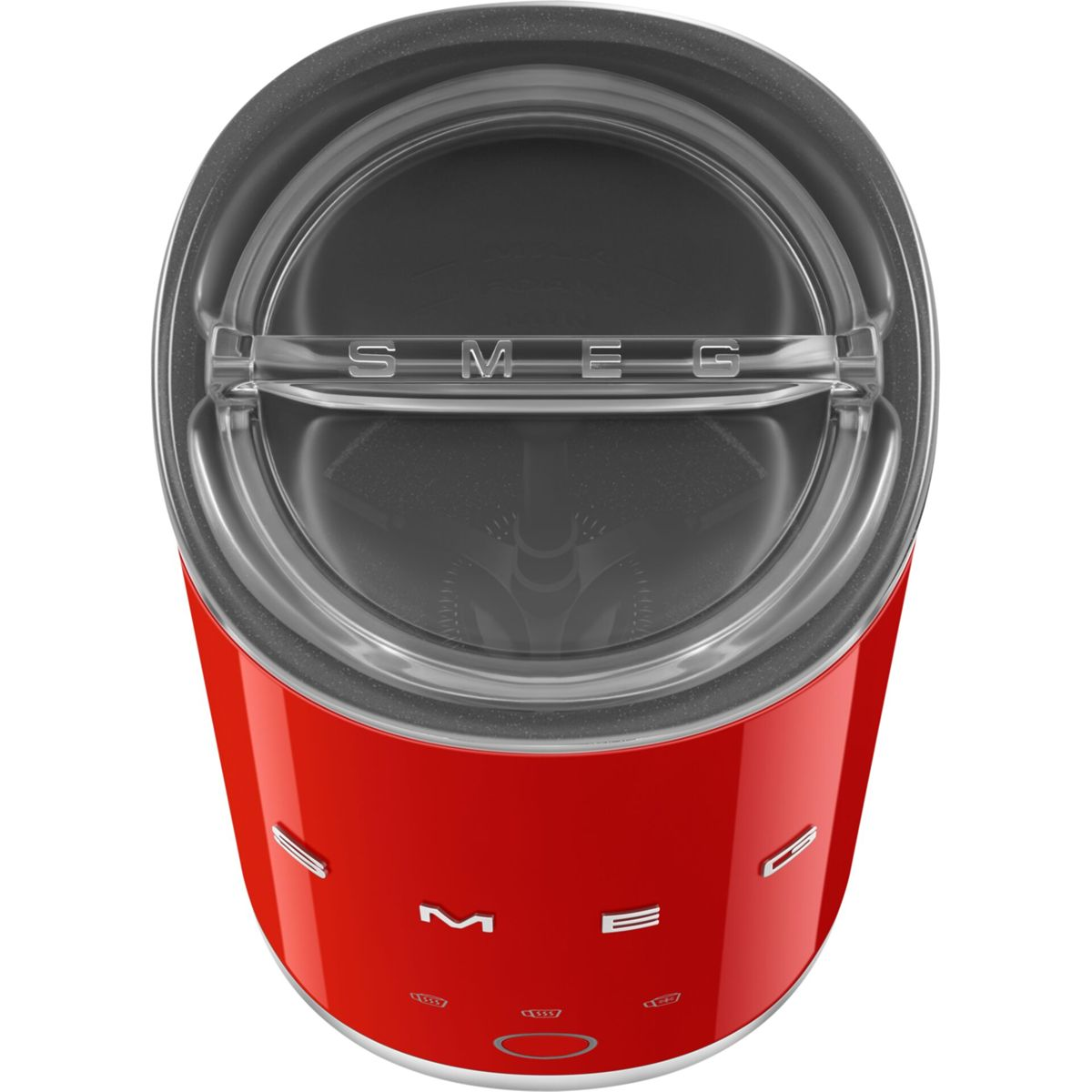 Un montalatte Smeg rosso visto dall'alto, con coperchio trasparente e pulsanti argentati.