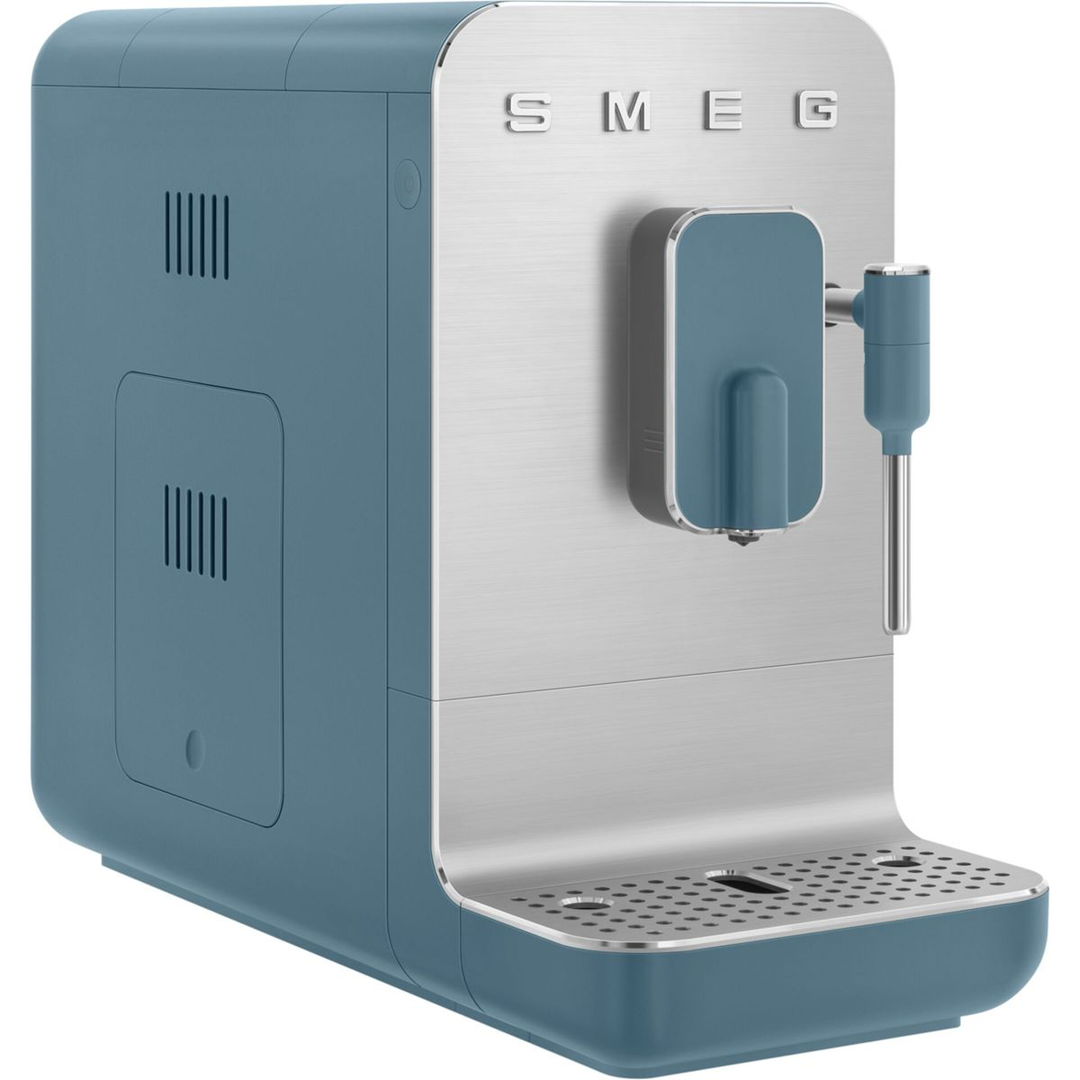 Una cafetera espresso Smeg azul y plateada con un dispensador central y un vaporizador, sobre fondo blanco.
