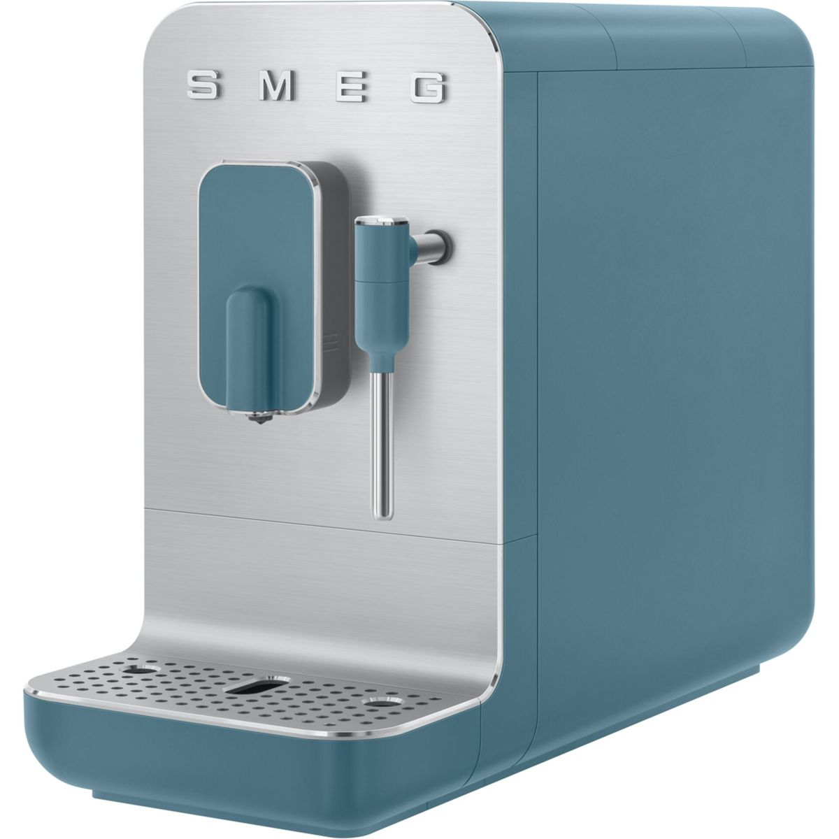 Una moderna cafetera Smeg azul y plateada con vaporizador y bandeja antigoteo.