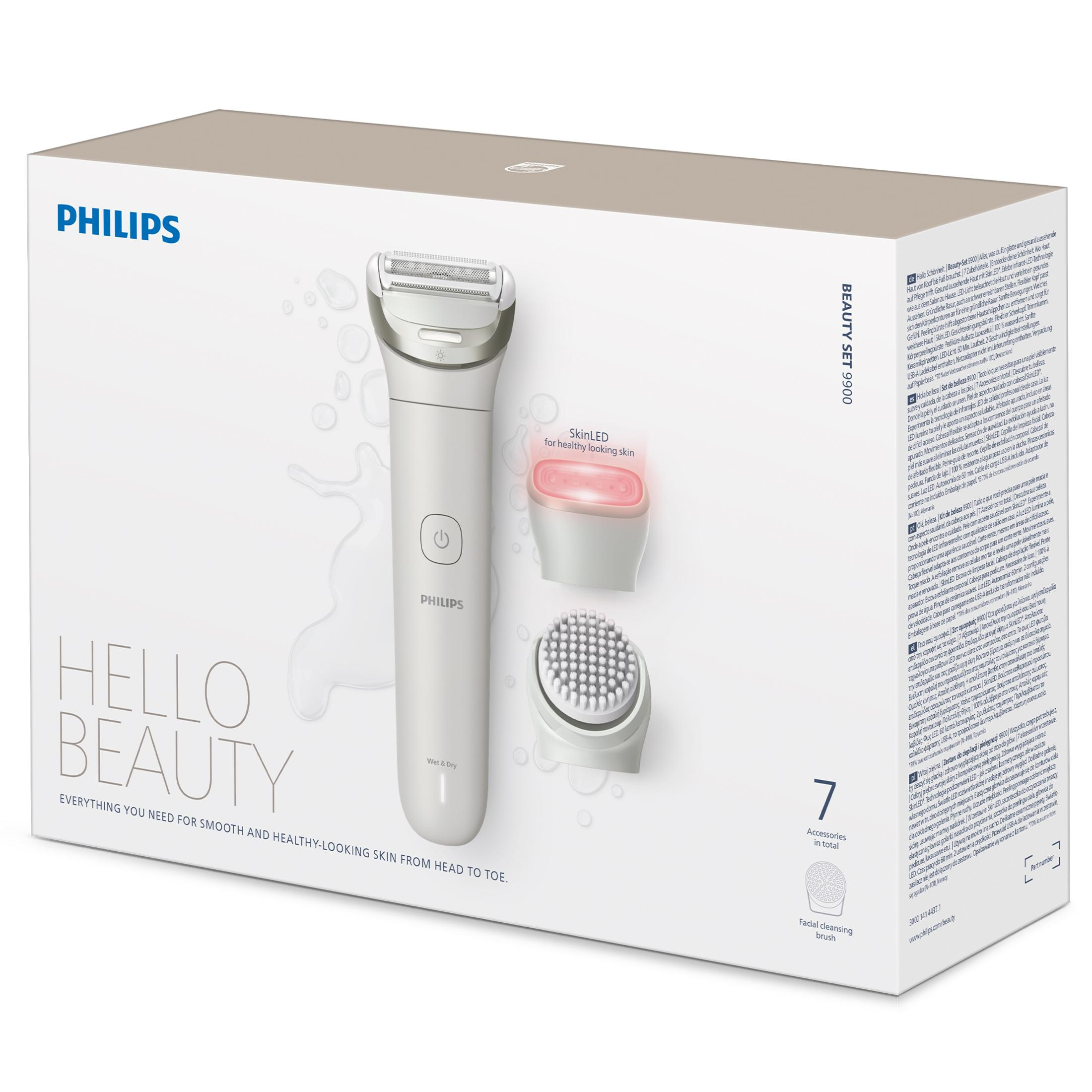 Confezione Philips Beauty Set 9900 con epilatore bianco e accessori su sfondo bianco.
