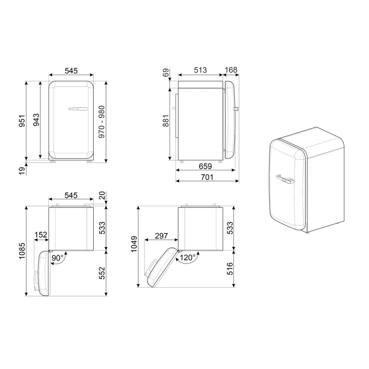 Dibujo técnico de un refrigerador retro pequeño desde varios ángulos con medidas de dimensiones en milímetros.