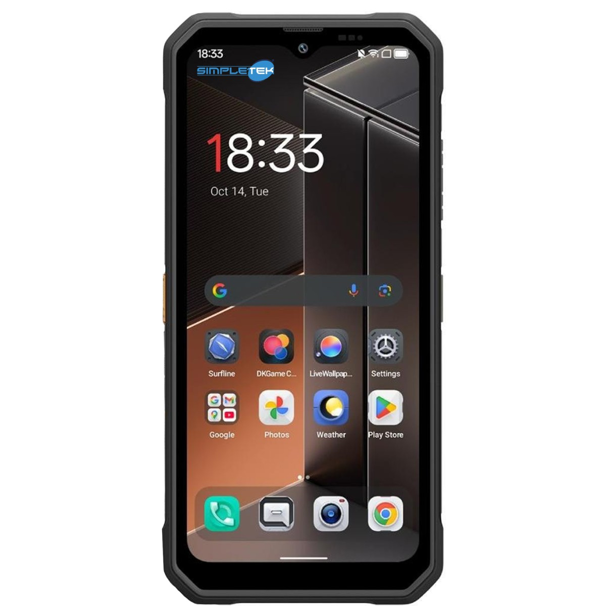 Uno smartphone nero robusto mostra la schermata iniziale con icone di app e un orologio digitale.