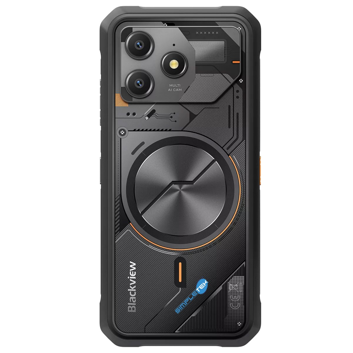 Retro di uno smartphone rugged Blackview con tripla fotocamera, dettagli metallici e design cyber.