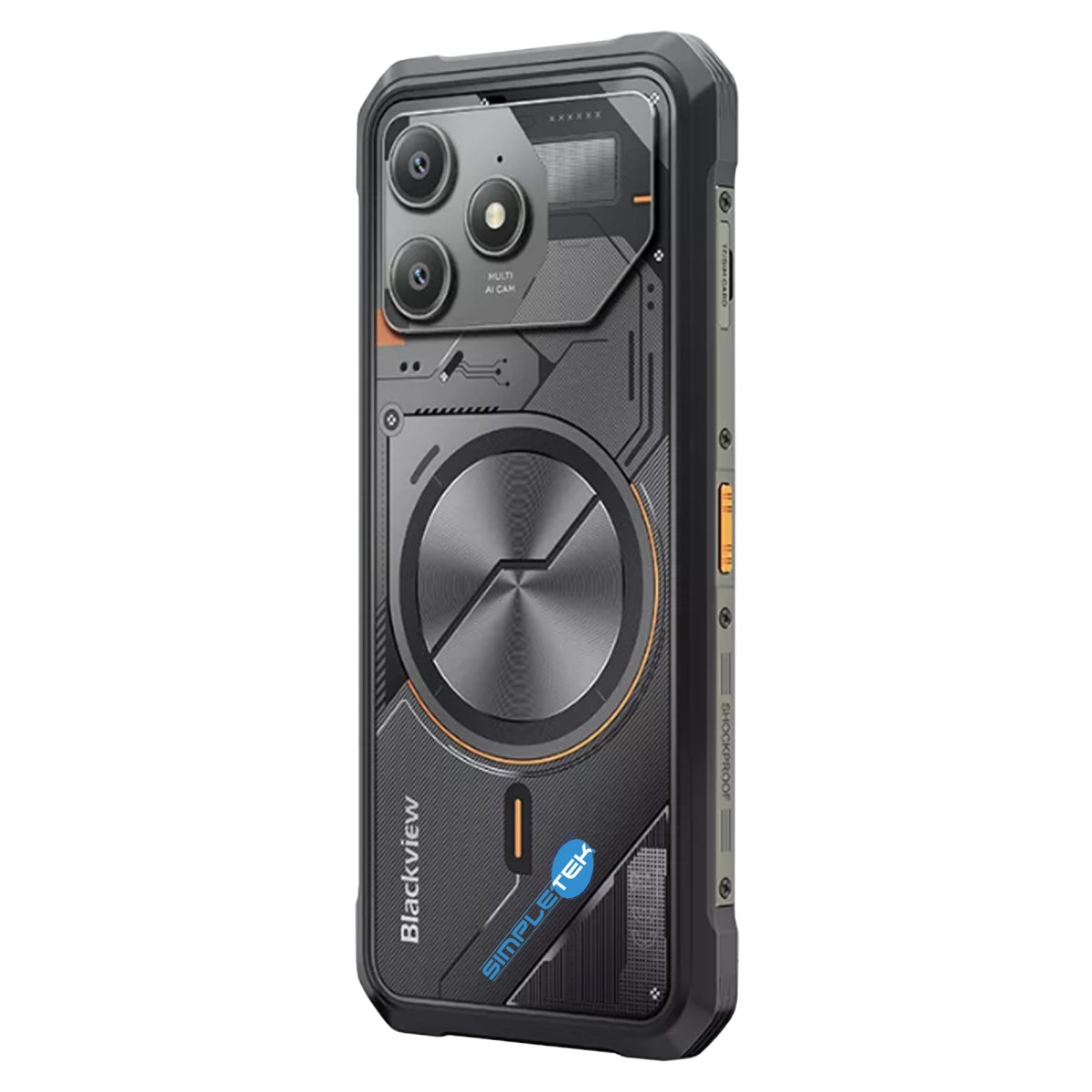 Uno smartphone nero robusto con un design meccanico sul retro, tre fotocamere e un dettaglio circolare metallico.
