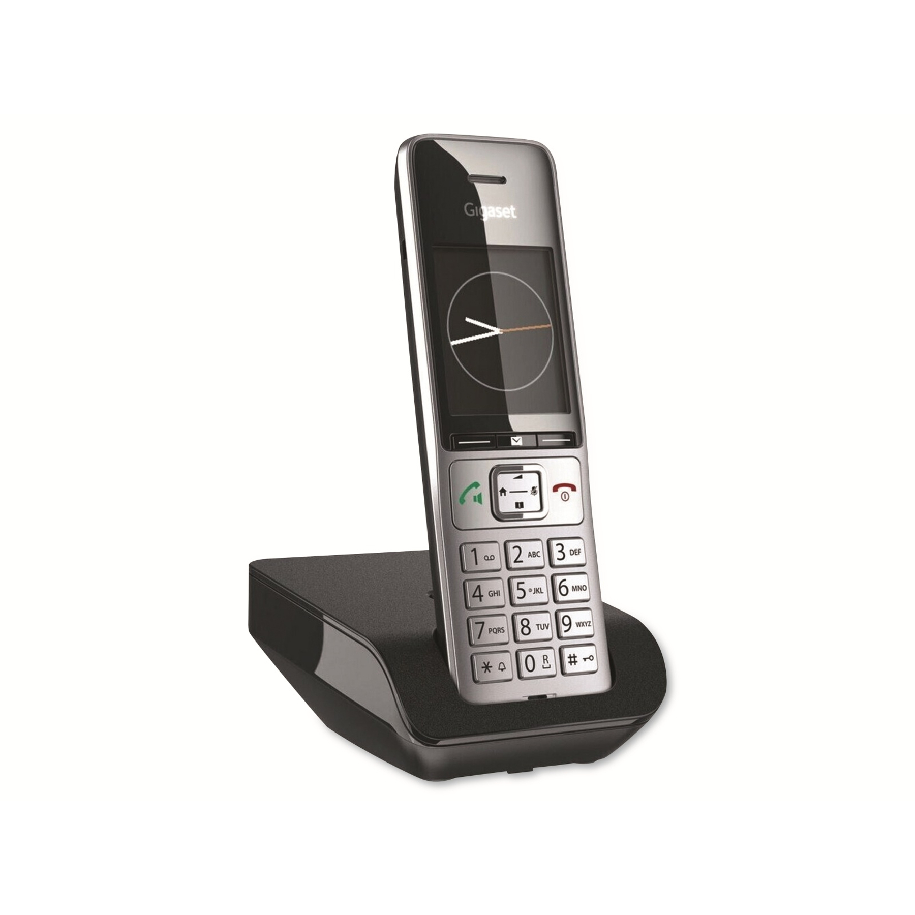 Un telefono fisso cordless argentato e nero in piedi nella sua base di ricarica nera.