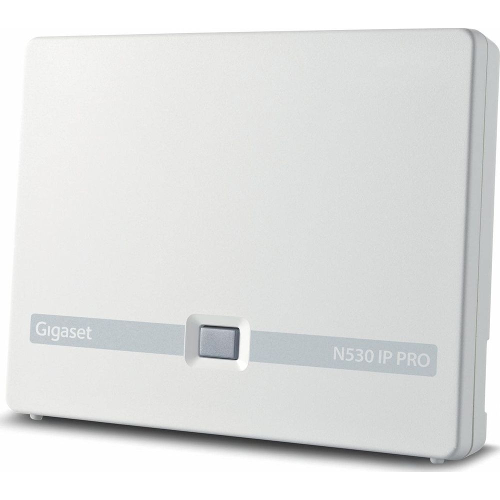 Eine weiße Gigaset N530 IP PRO Basisstation vor weißem Hintergrund.