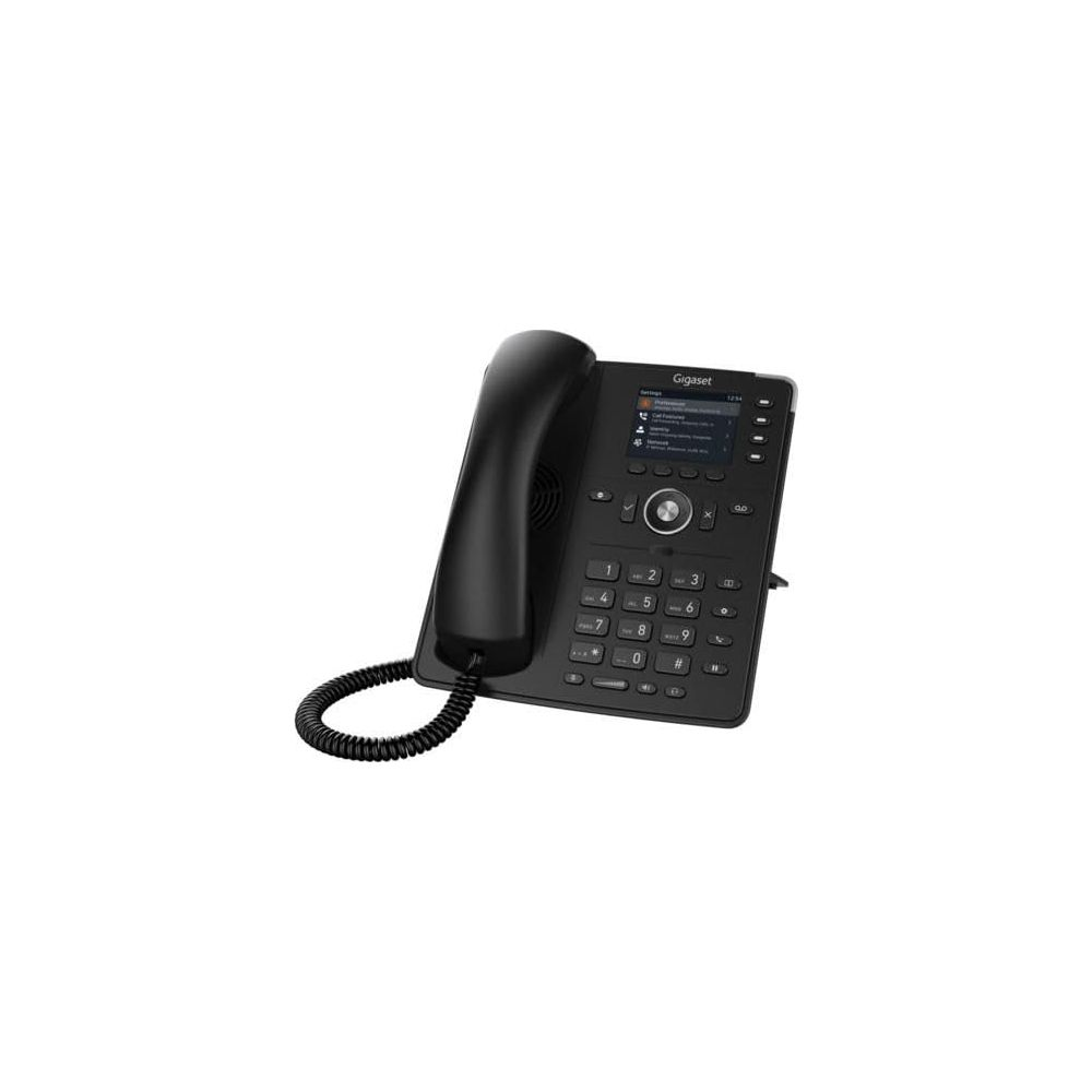 Un telefono IP Gigaset nero con schermo, tastiera e ricevitore su sfondo bianco.