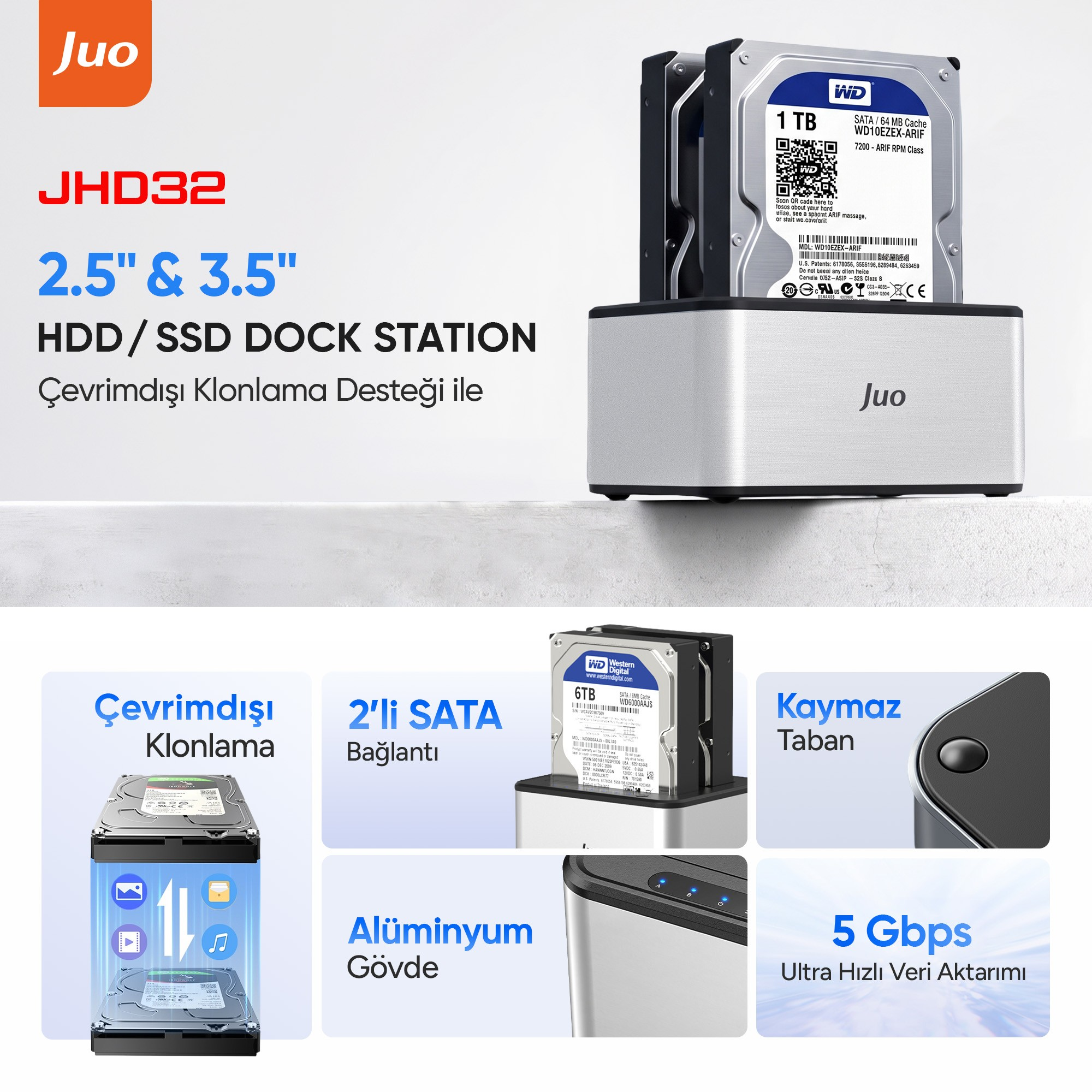 Çevrimdışı klonlama, 5 Gbps hız ve alüminyum gövde gibi özellikleri açıklayan metinlerin bulunduğu Juo çift yuvalı HDD dock.