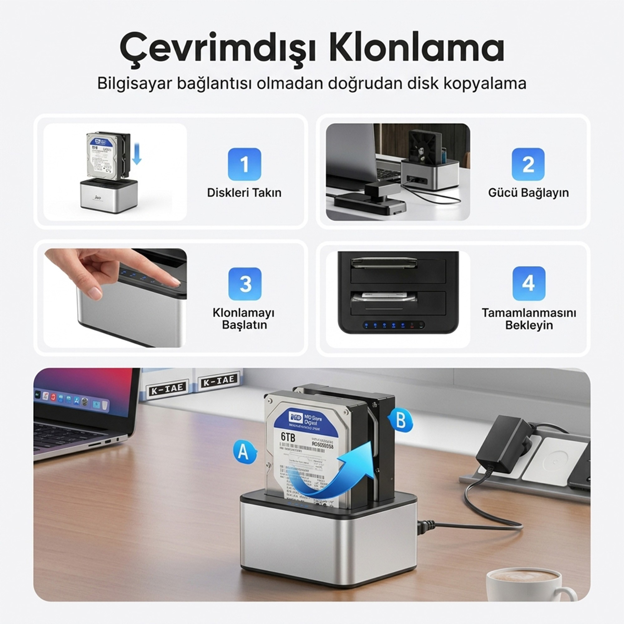 Bir yerleştirme istasyonu kullanarak sabit diski çevrimdışı klonlama rehberi.