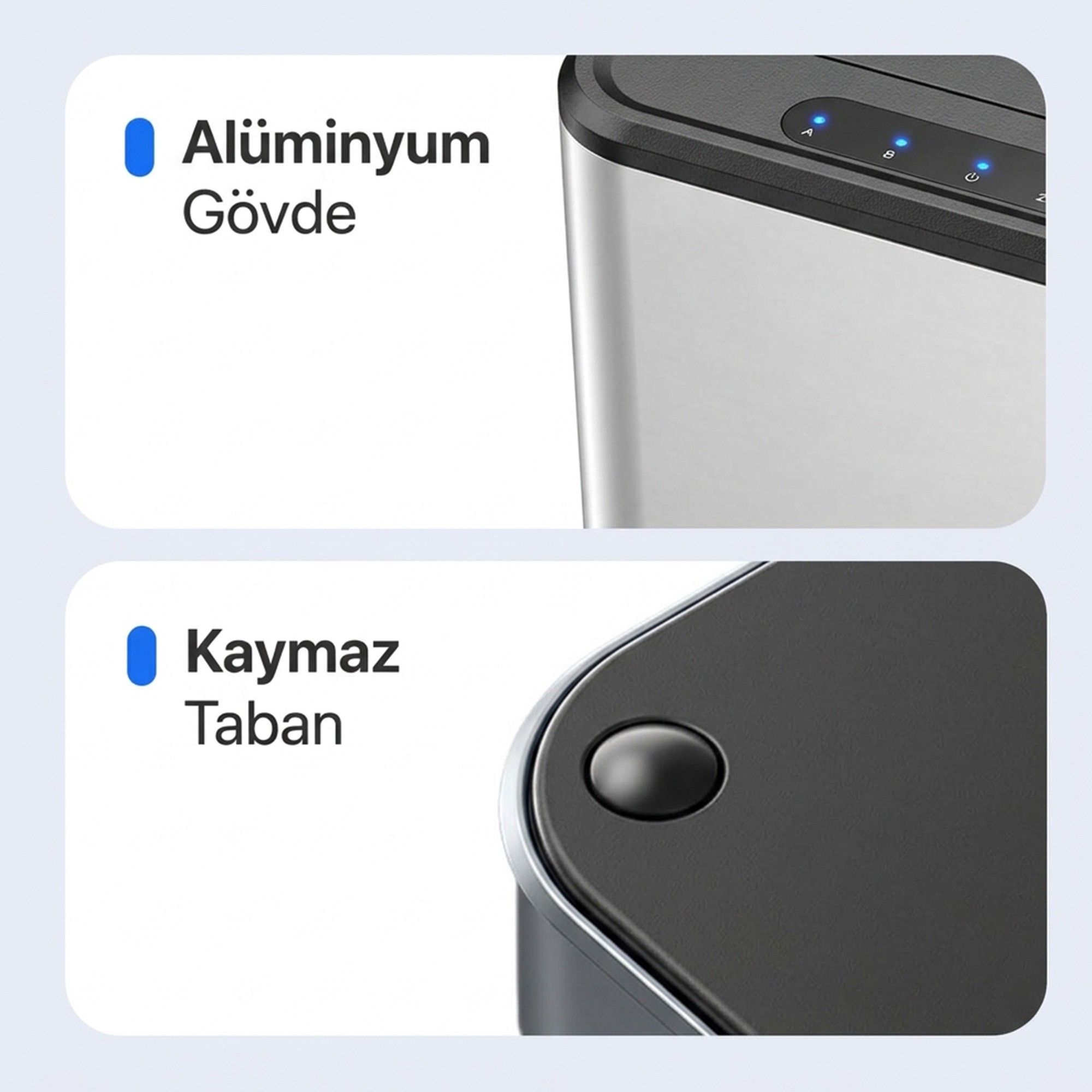 Çöp kutusu parçalarının iki görseli: alüminyum gövde ve kaymaz taban.