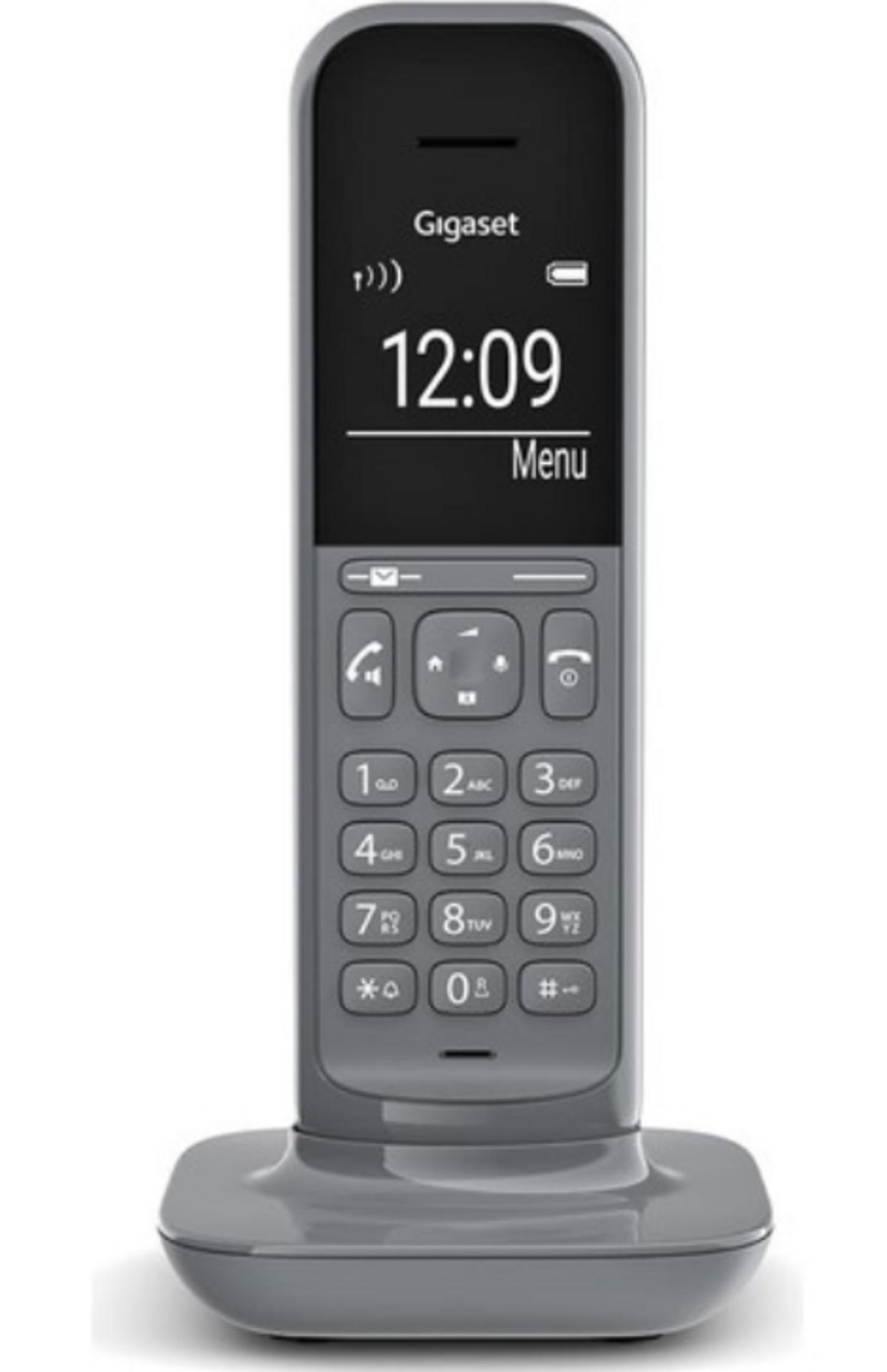Şarj istasyonu üzerinde gri bir Gigaset kablosuz telefon, ekranında 12:09 yazıyor.