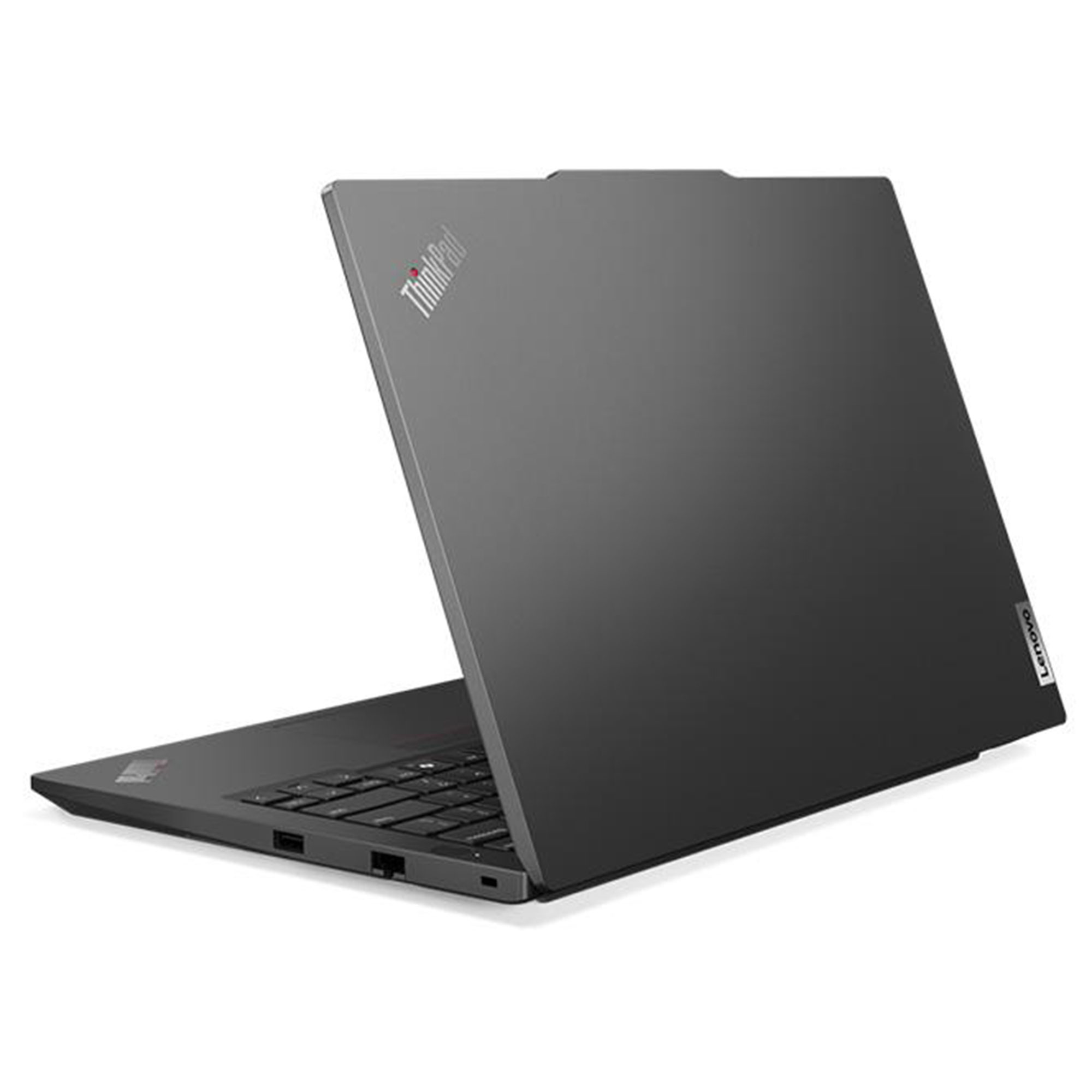 Gri renkli ThinkPad dizüstü bilgisayar beyaz arkaplanda açık duruyor, klavye ve logo görünüyor.