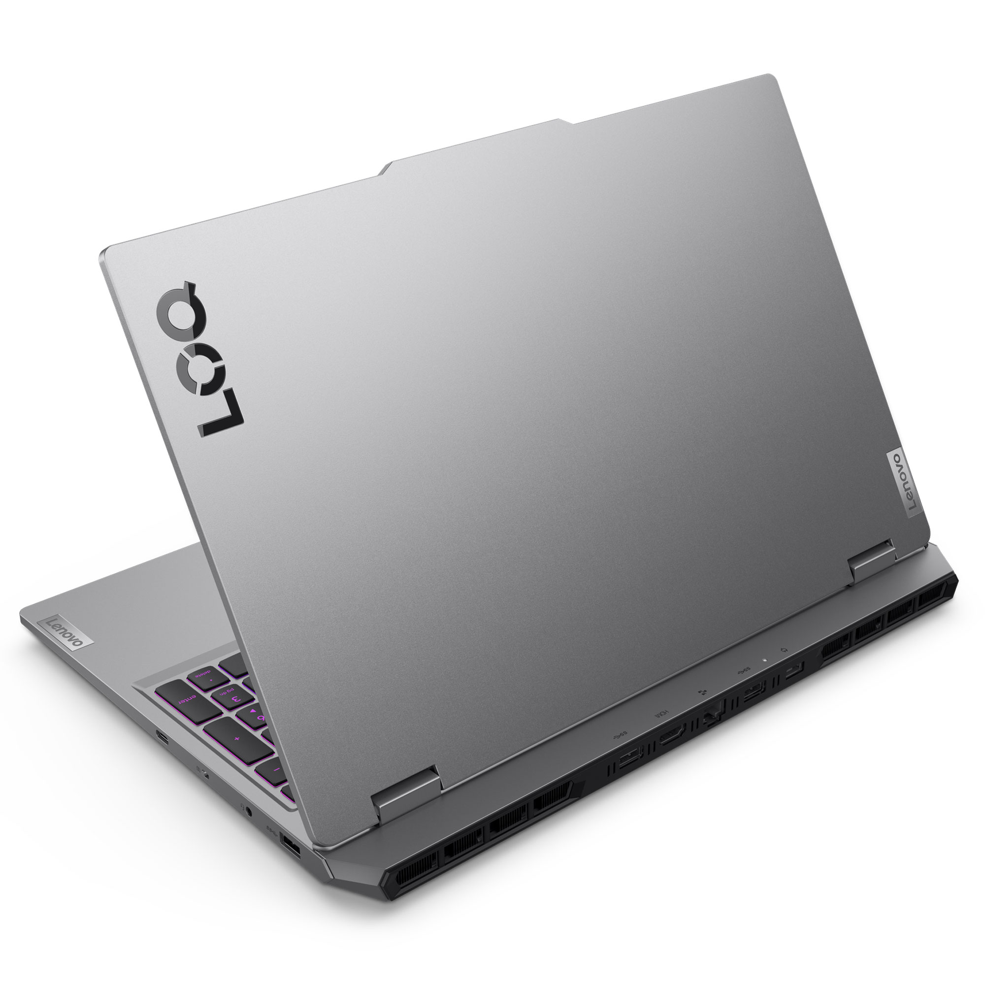 Arka taraftan görünen gri renkli bir Lenovo LOQ dizüstü bilgisayar, portlar ve logo.