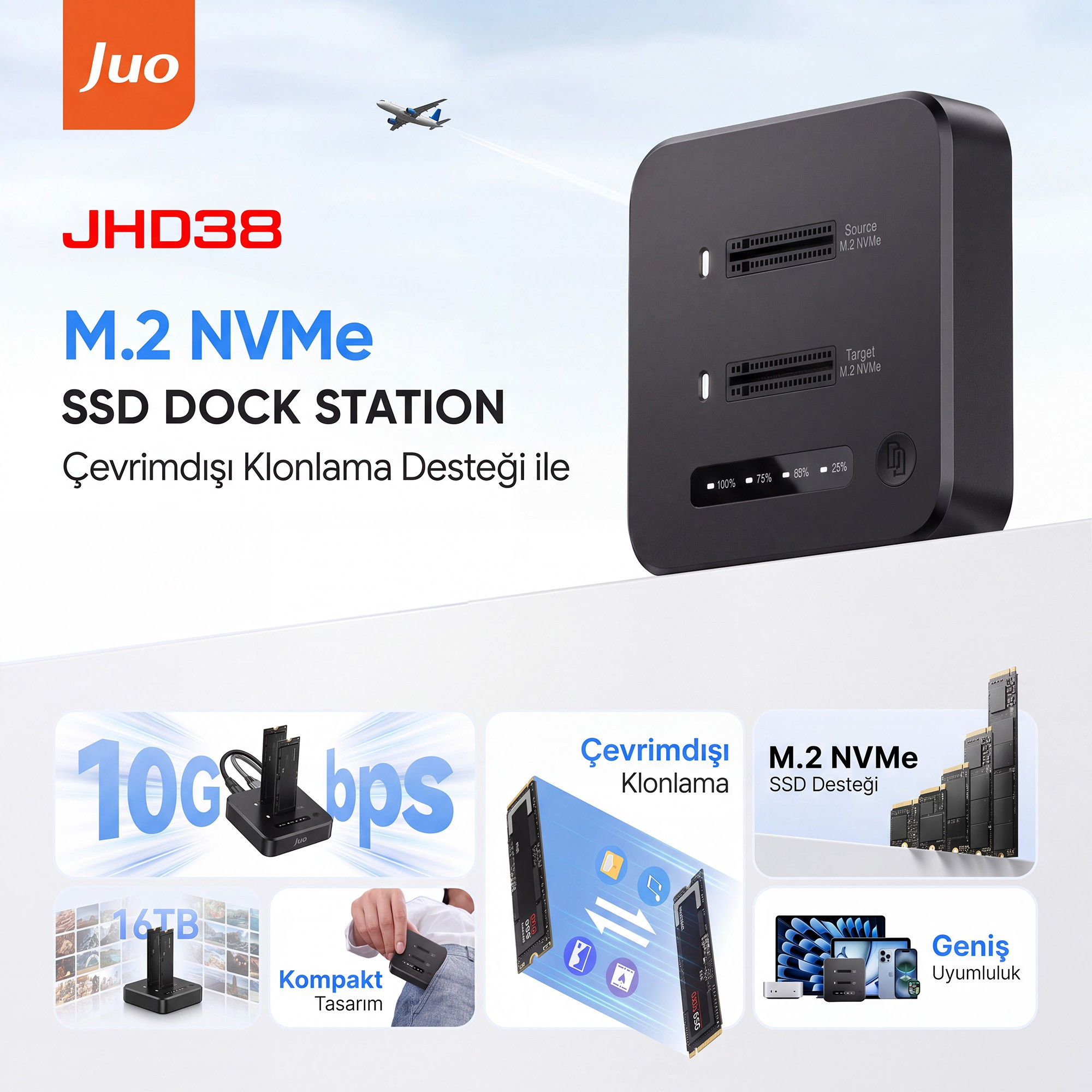 Çevrimdışı klonlama destekli siyah Juo M.2 NVMe SSD docking station.