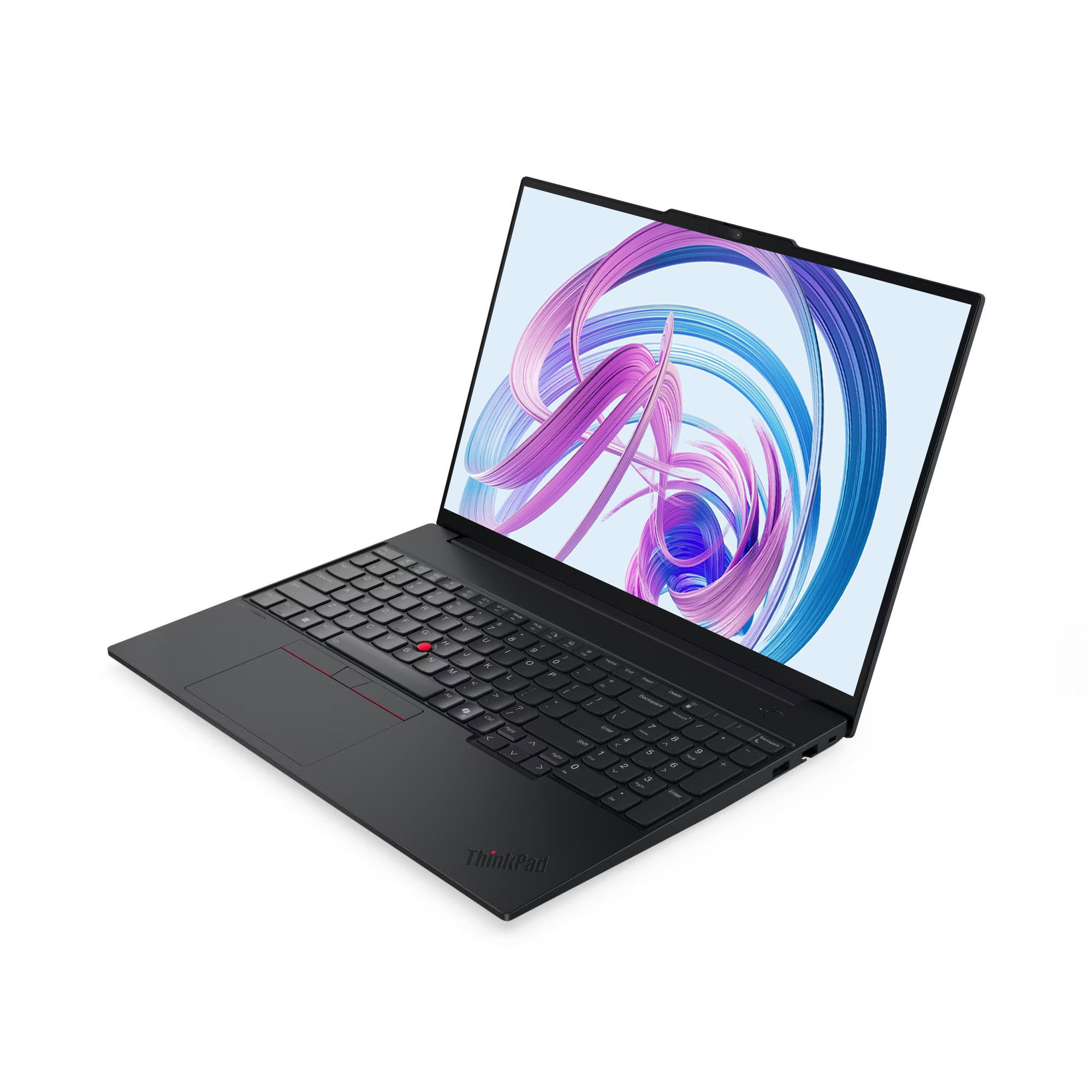 Ekranında soyut mavi ve mor girdap tasarımı olan siyah bir ThinkPad dizüstü bilgisayar.