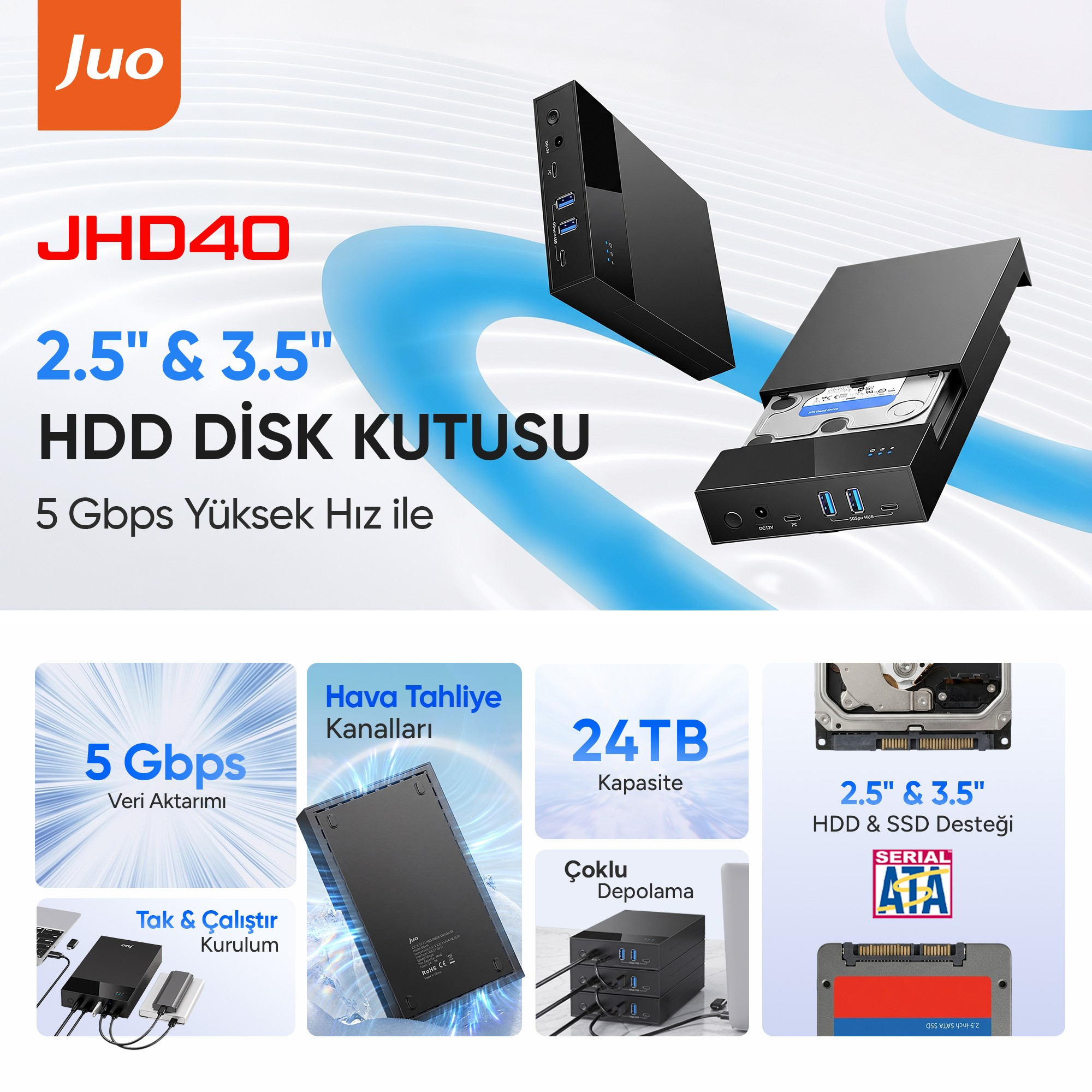 2.5" ve 3.5" diskler için Juo JHD40 HDD kutusu, 5 Gbps yüksek hızlı veri aktarımı.