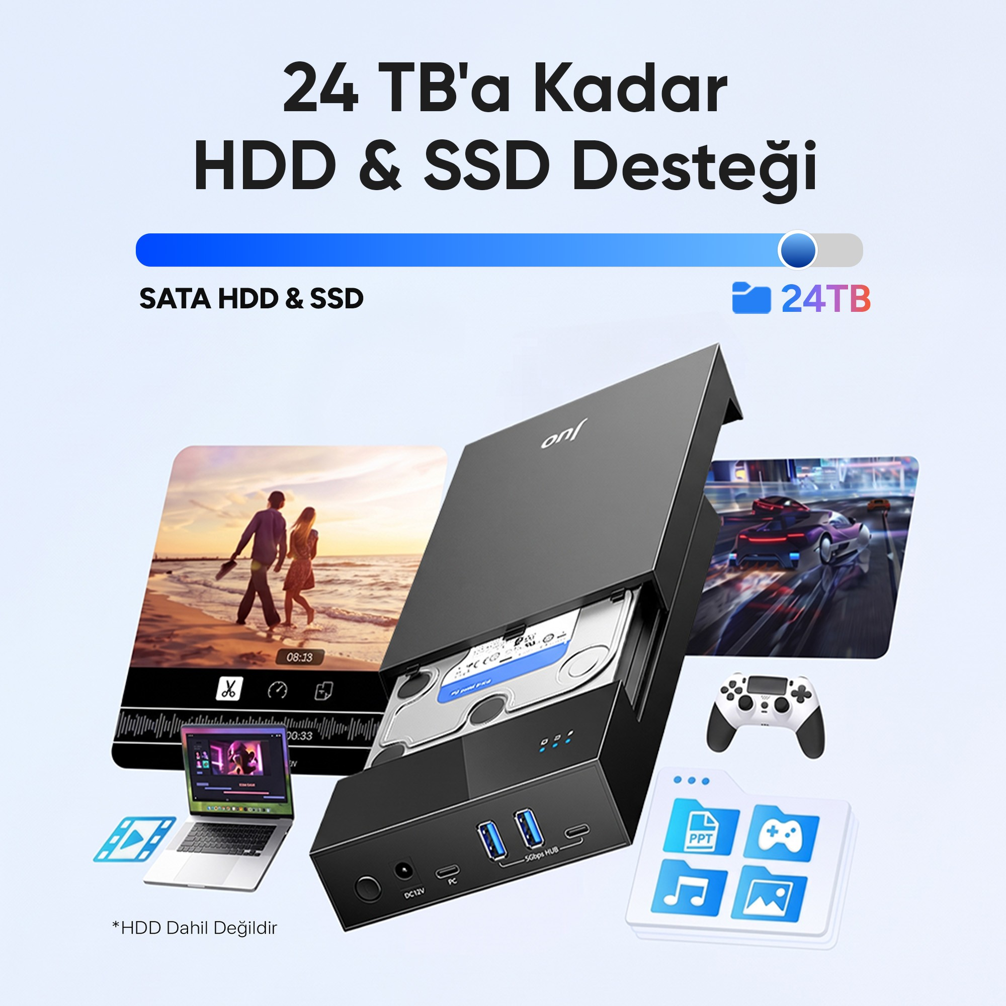 İçinde sabit disk takılı siyah bir hard disk dock istasyonu, dizüstü bilgisayar, oyun kolu ve medya simgeleriyle çevrili.