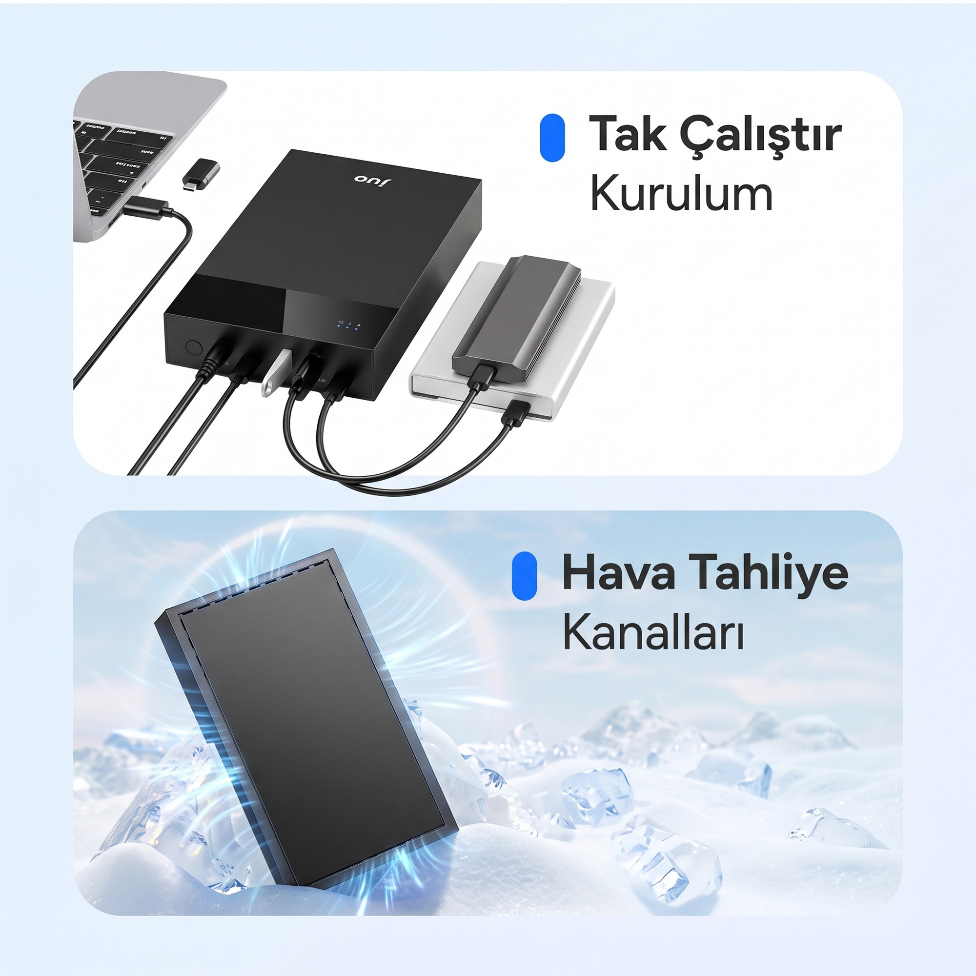 Siyah elektronik cihazın Tak-Çalıştır kurulumu ve buz üzerindeki hava tahliye kanalları.