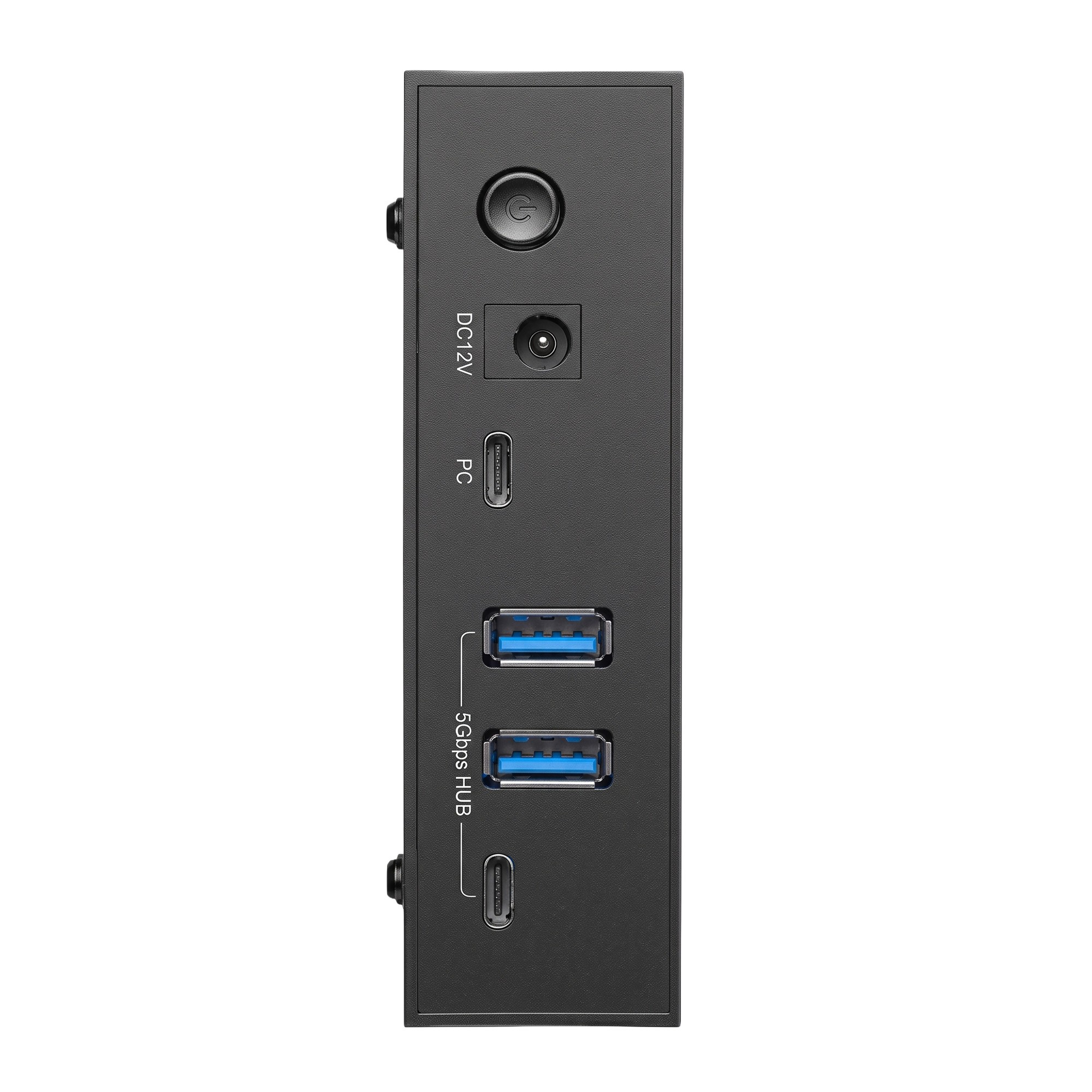 Güç düğmesi, DC12V bağlantı noktası, PC USB-C bağlantı noktası ve iki 5Gbps USB hub'ı içeren siyah cihaz paneli.