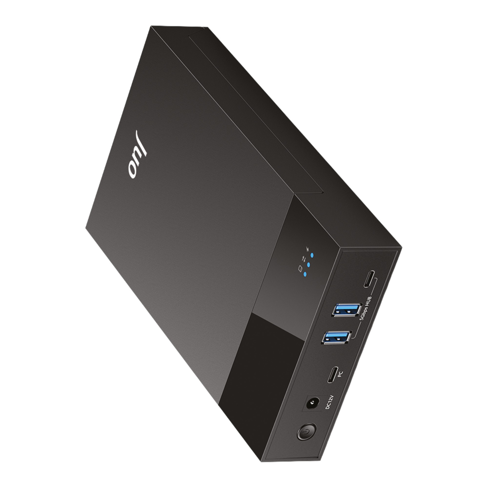 Birden çok bağlantı noktasına ve mavi durum ışıklarına sahip modern tasarımlı siyah Juo USB çoklayıcı.