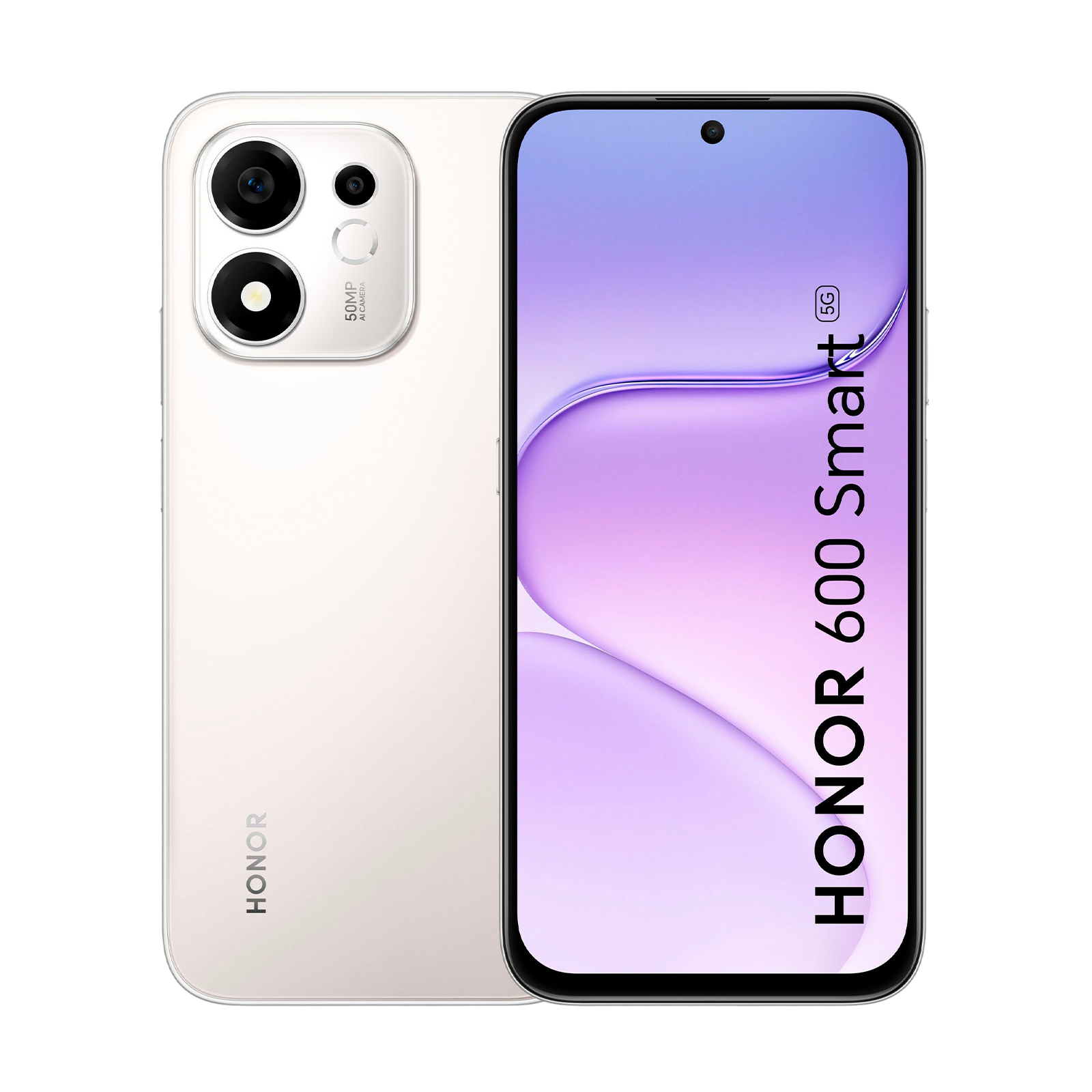 Smartphone Honor 600 Smart 5G color argento, mostrato frontalmente e posteriormente su sfondo bianco.