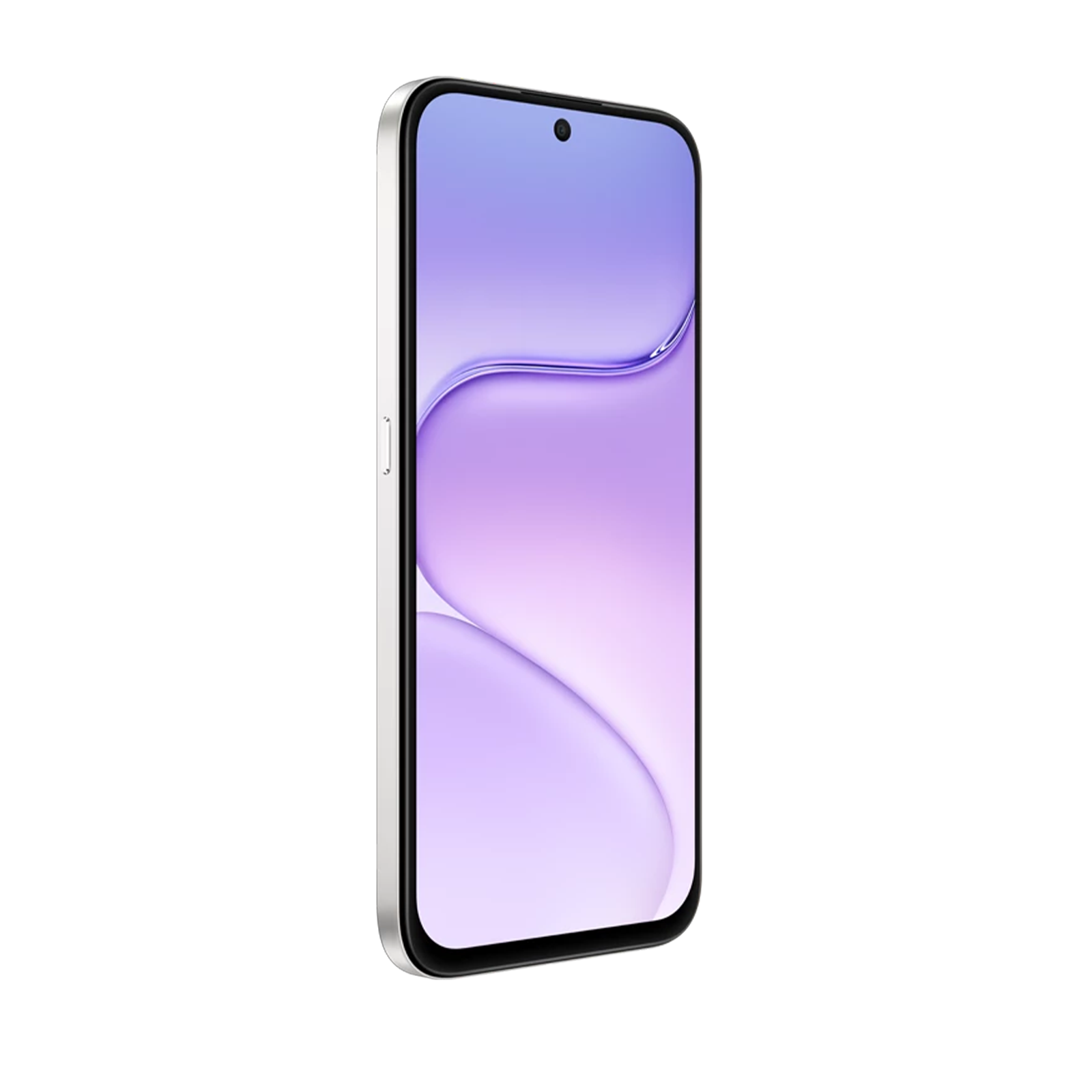 Uno smartphone bianco mostra uno sfondo viola astratto sullo schermo.