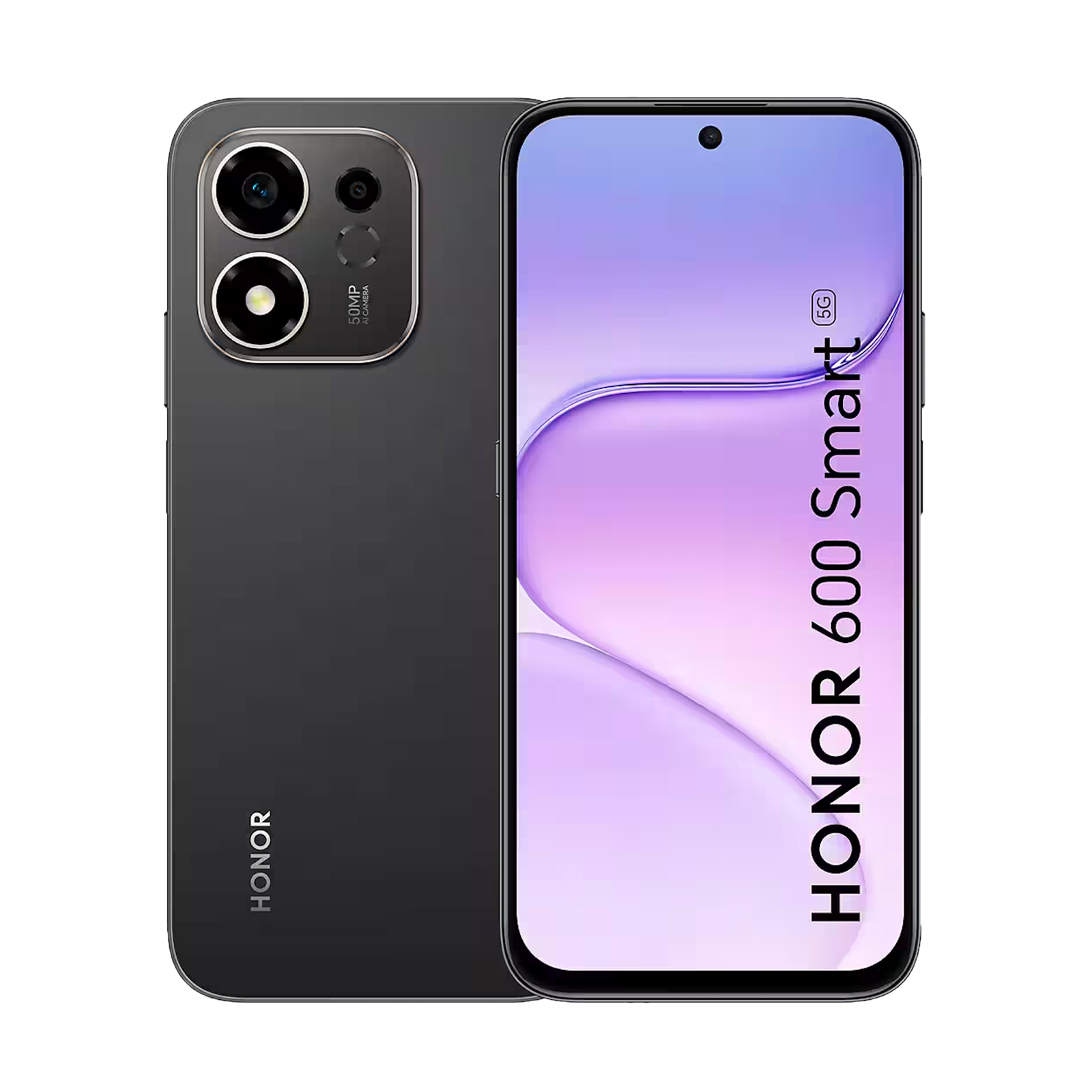 Smartphone Honor 600 Smart 5G oscuro, vista frontal y trasera con doble cámara.