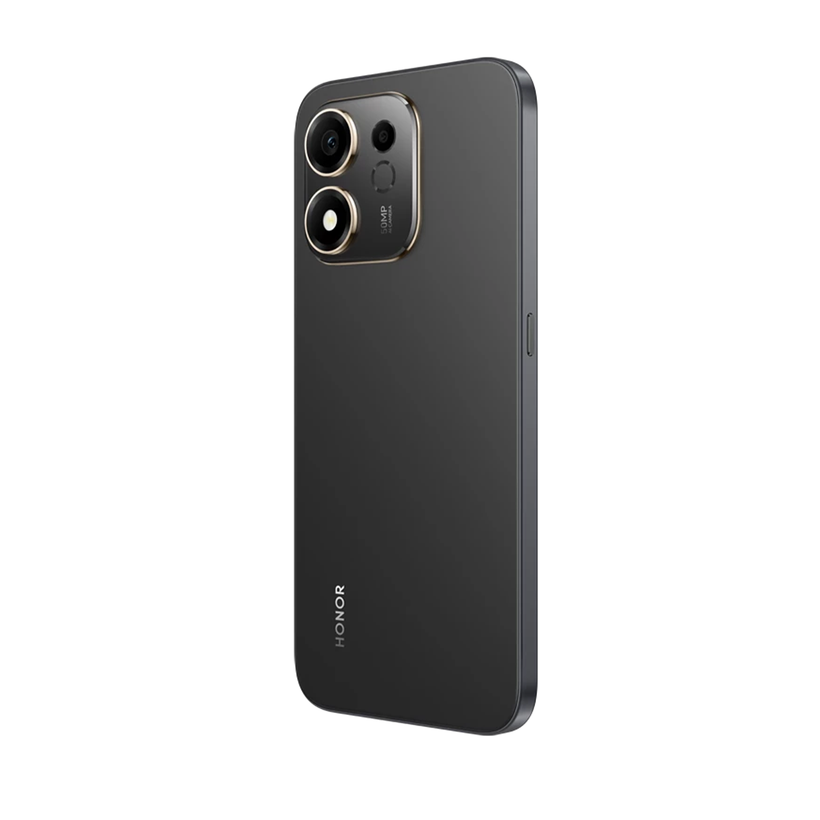 Parte trasera de un smartphone Honor negro con doble cámara y borde dorado.