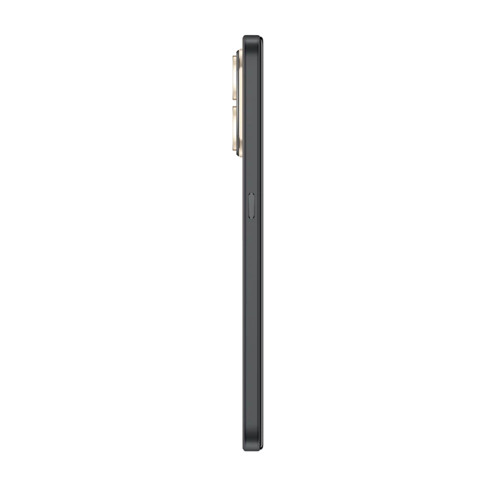Vista lateral de un teléfono inteligente oscuro con un módulo de cámara arriba y un botón de encendido en fondo blanco.