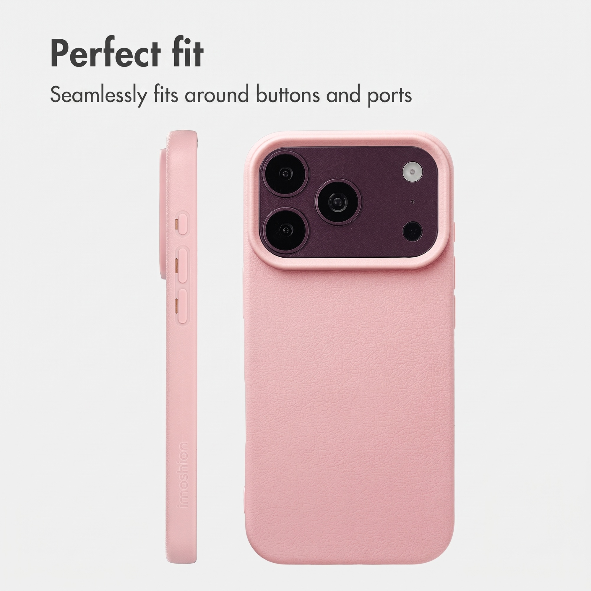 Rosa Smartphone-Hülle mit Kamera-Aussparung und Seitentasten, gezeigt von hinten und der Seite.