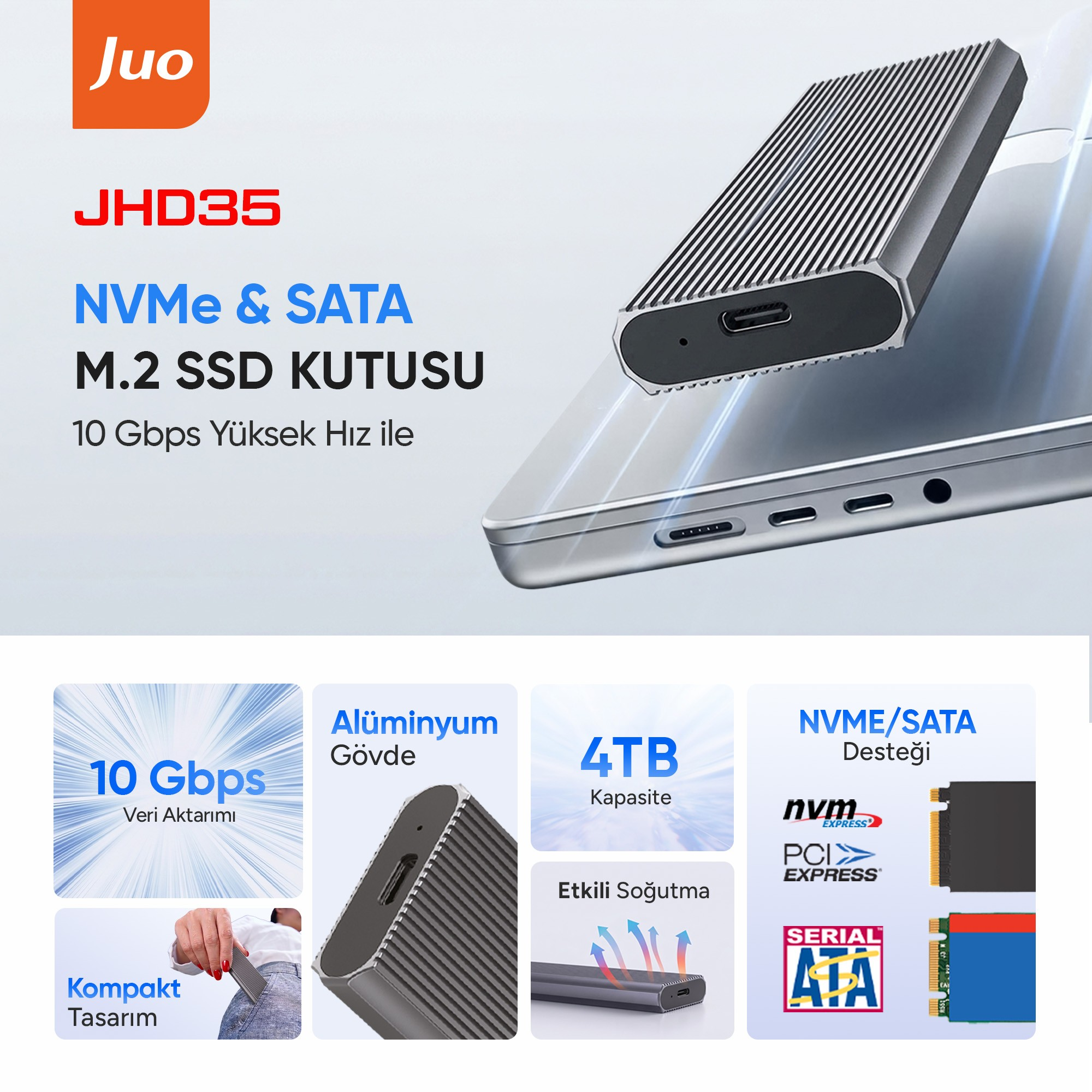 10 Gbps hız, alüminyum gövde, 4TB kapasite ve NVMe/SATA desteğine sahip JuO JHD35 M.2 SSD kutusu.