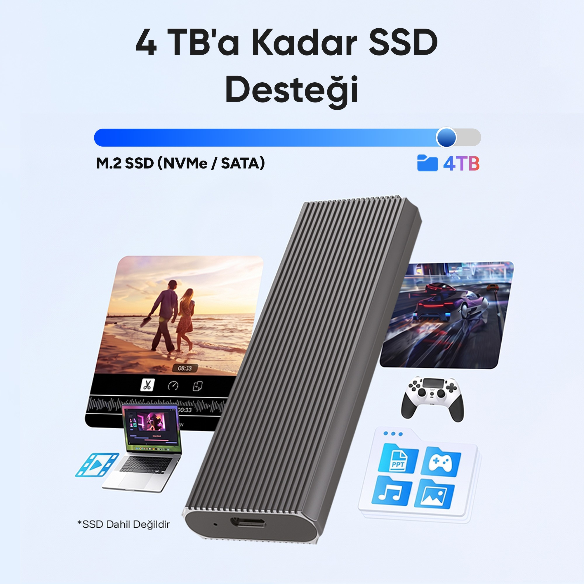 4TB'a kadar destekleyen, tırtıklı tasarıma sahip koyu gri M.2 SSD kutusu, medya ve oyun simgeleriyle çevrili.