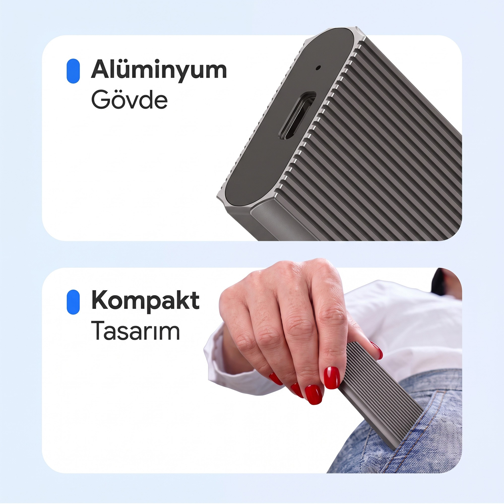 Cihazın alüminyum gövdesi ve cebine koyan bir el.