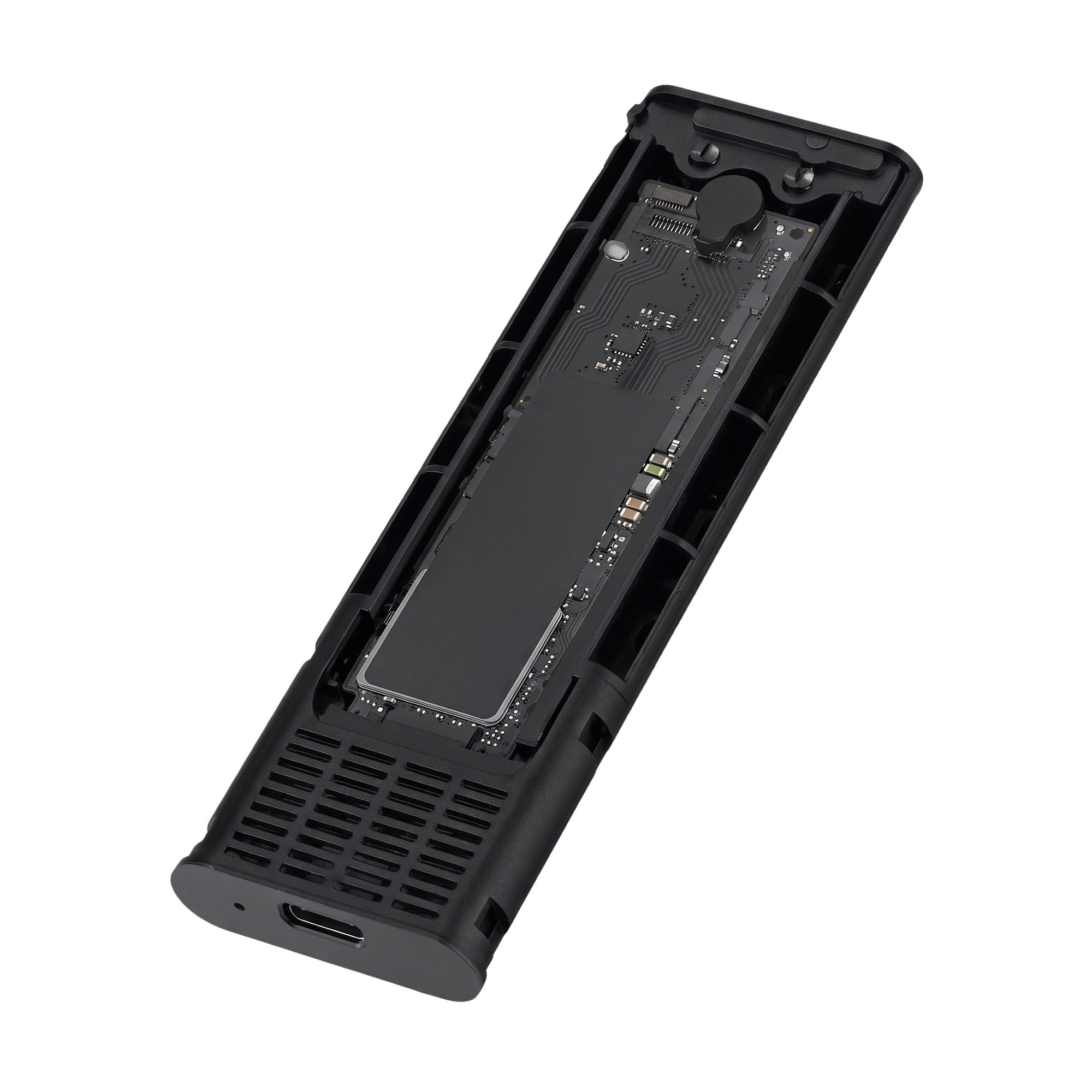 Açık siyah bir SSD muhafazası, beyaz arka planda dahili devre kartını ve USB-C bağlantı noktasını gösterir.