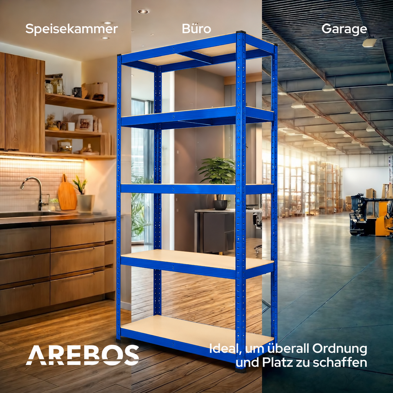 Ein blaues Metallregal mit Holzböden steht vor drei verschiedenen Hintergründen: Küche, Büro und Garage.