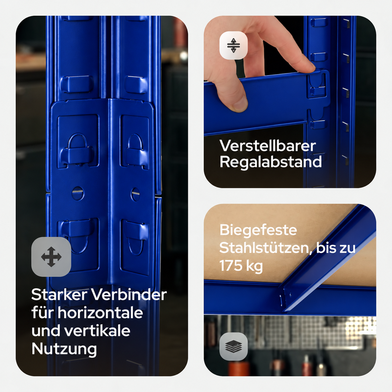 Blaue Metallregale mit starken Verbindern und verstellbaren Stahlstützen für hohe Belastbarkeit.