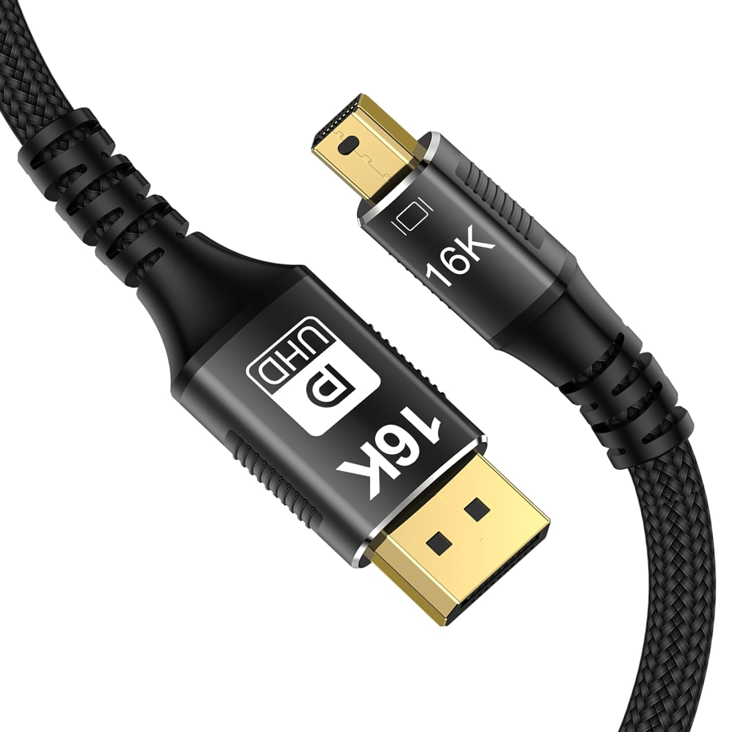Un cable DisplayPort UHD 16K negro con conectores dorados sobre un fondo blanco.
