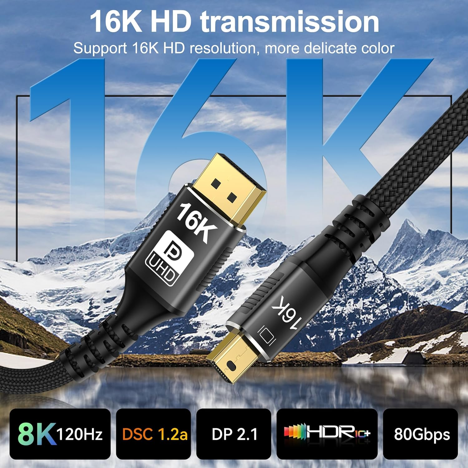 Un cable DisplayPort 16K negro y dorado sobre un fondo de montaña con texto.