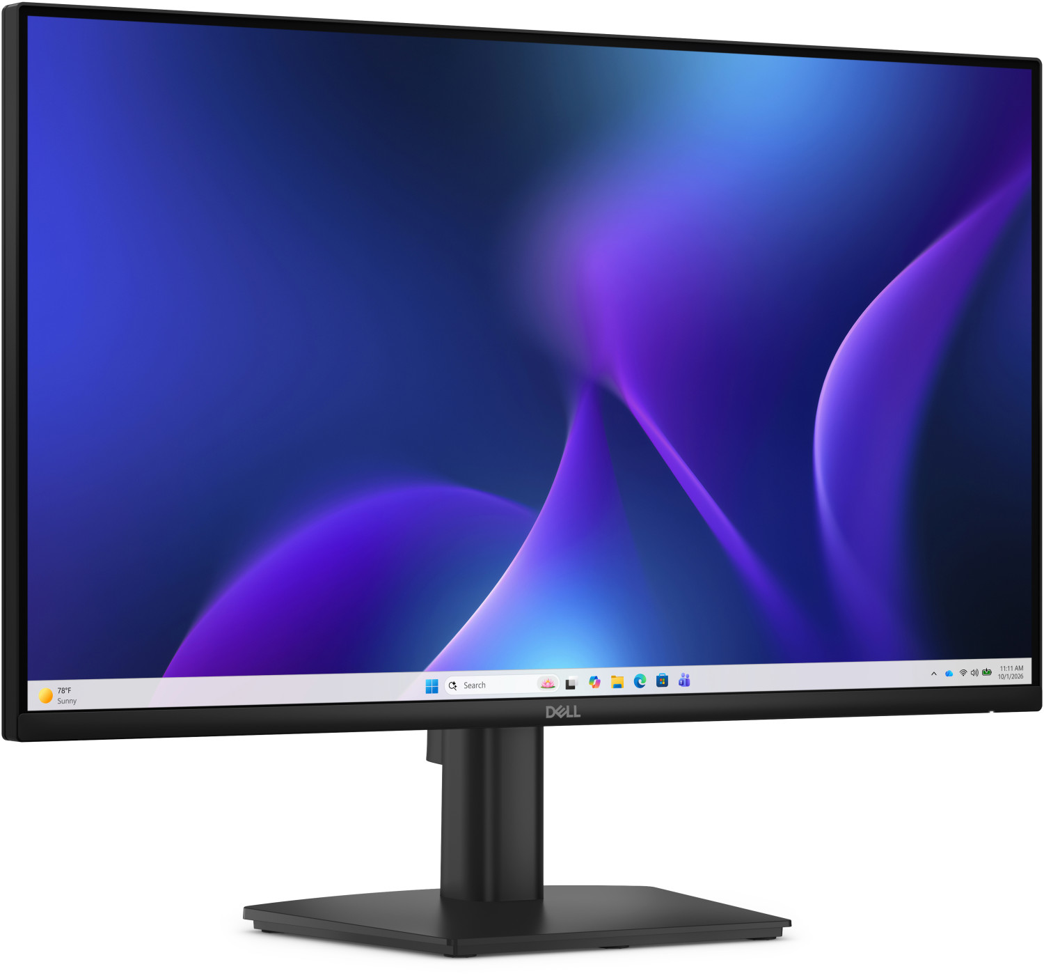 Un monitor per computer Dell nero che mostra uno sfondo astratto blu e viola.
