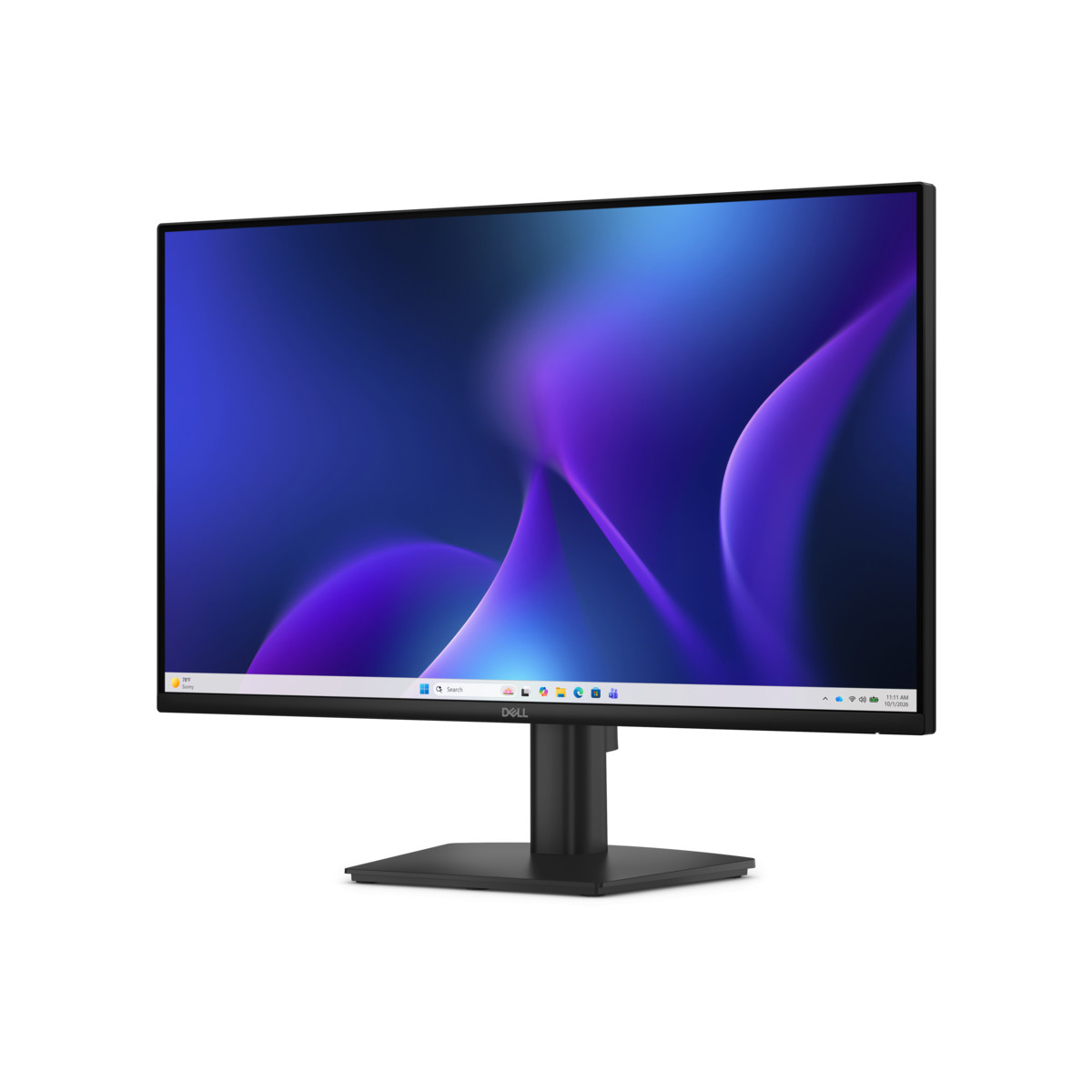 Monitor nero Dell che mostra uno sfondo astratto blu e viola su sfondo bianco.