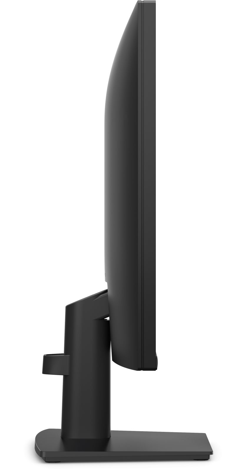 Vista laterale di un monitor per computer nero con supporto su sfondo bianco.