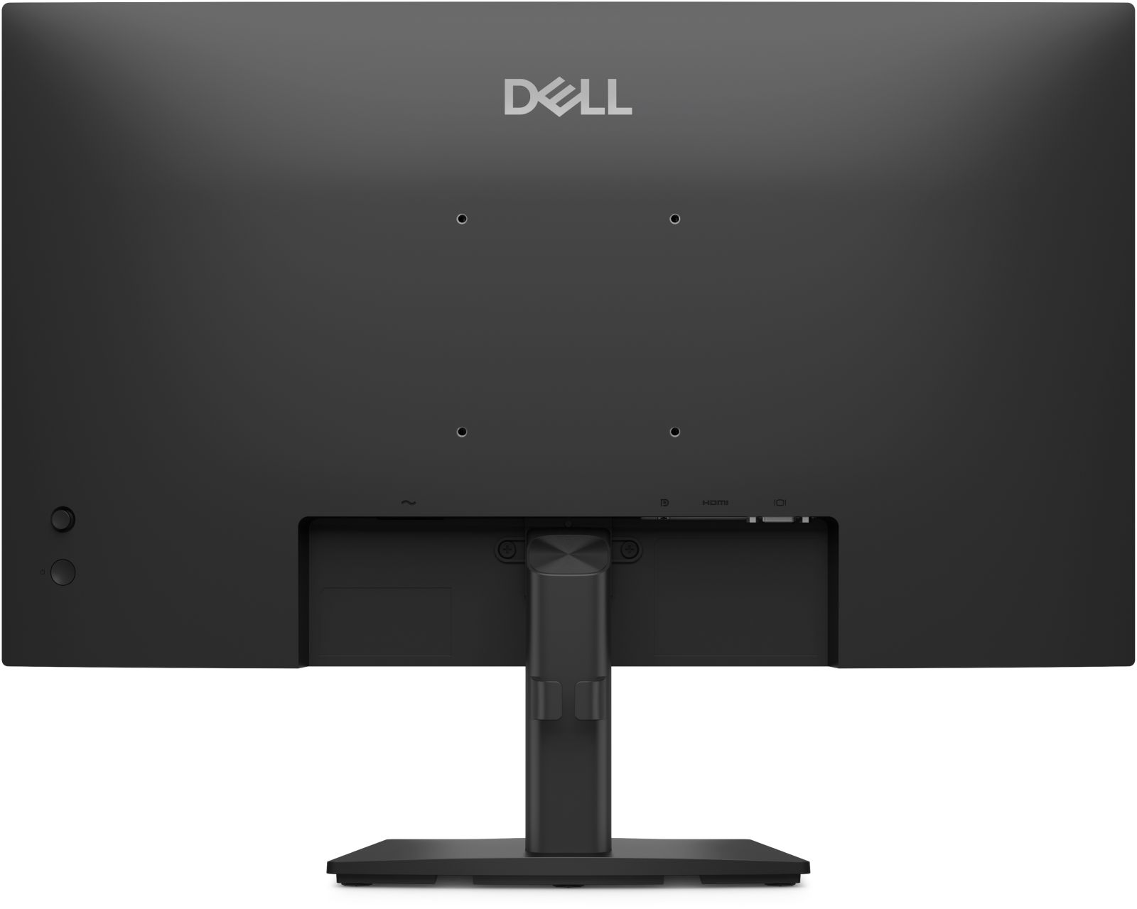 Vista posteriore di un monitor Dell nero con supporto, fori VESA e porte.