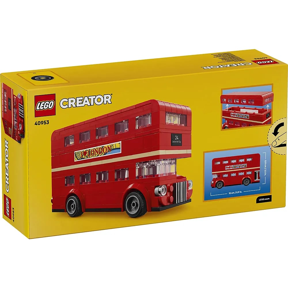 Kırmızı Londra çift katlı otobüs modelini gösteren sarı Lego kutusu.